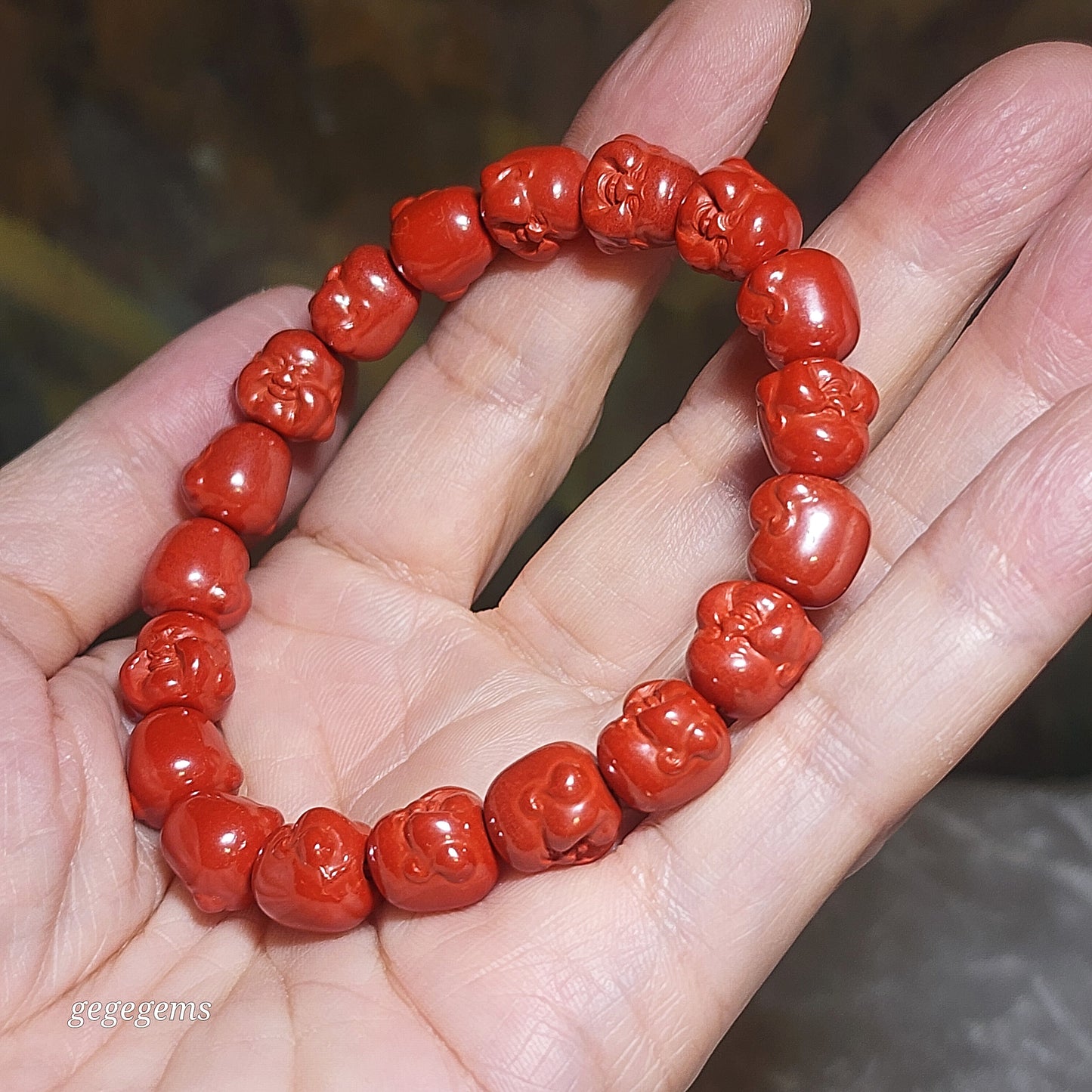 Purest natural Cinnabar 3 dimensional carvings Laughing Buddha bracelet [Natural Crystal] 原矿朱砂立体笑佛弥勒佛手链