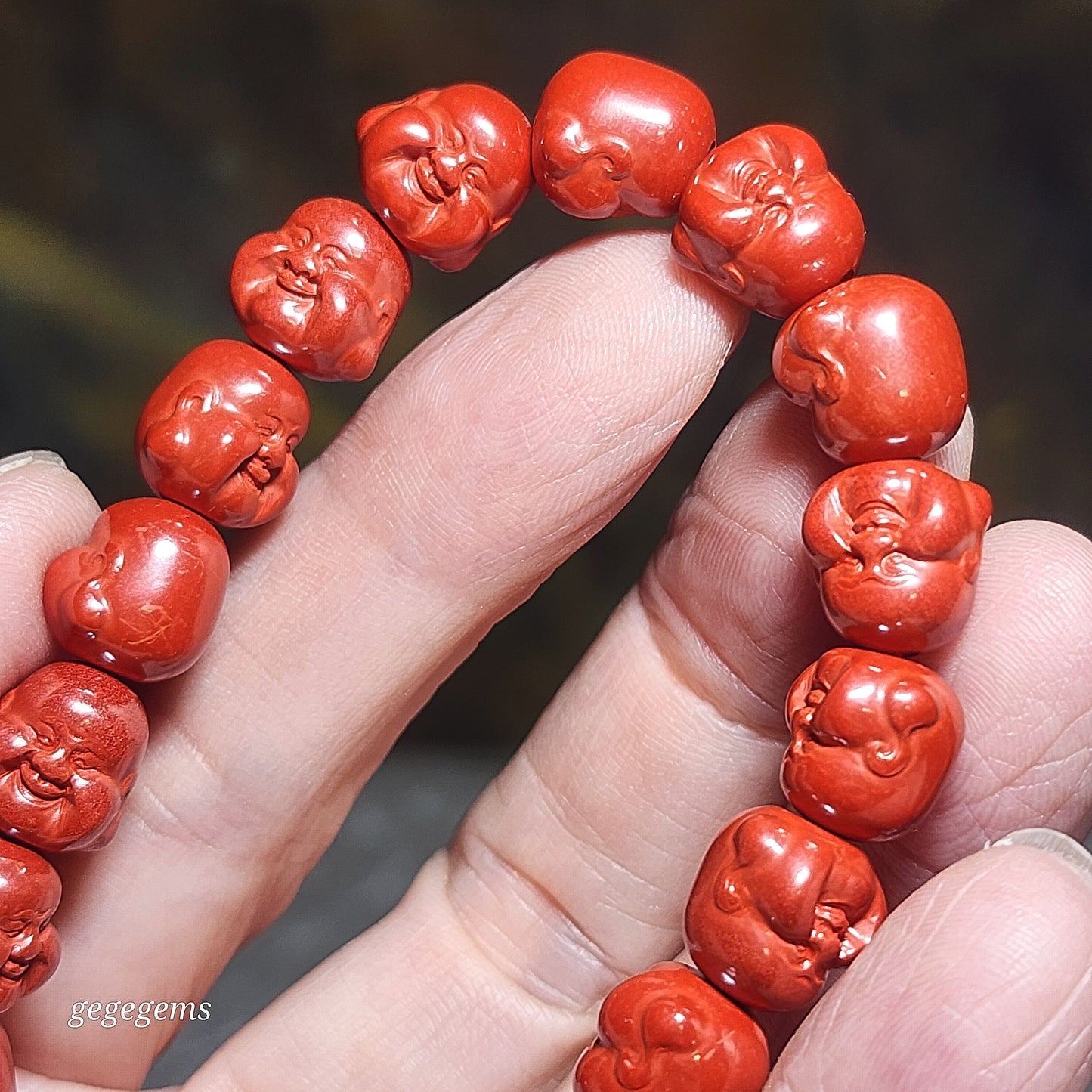 Purest natural Cinnabar 3 dimensional carvings Laughing Buddha bracelet [Natural Crystal] 原矿朱砂立体笑佛弥勒佛手链
