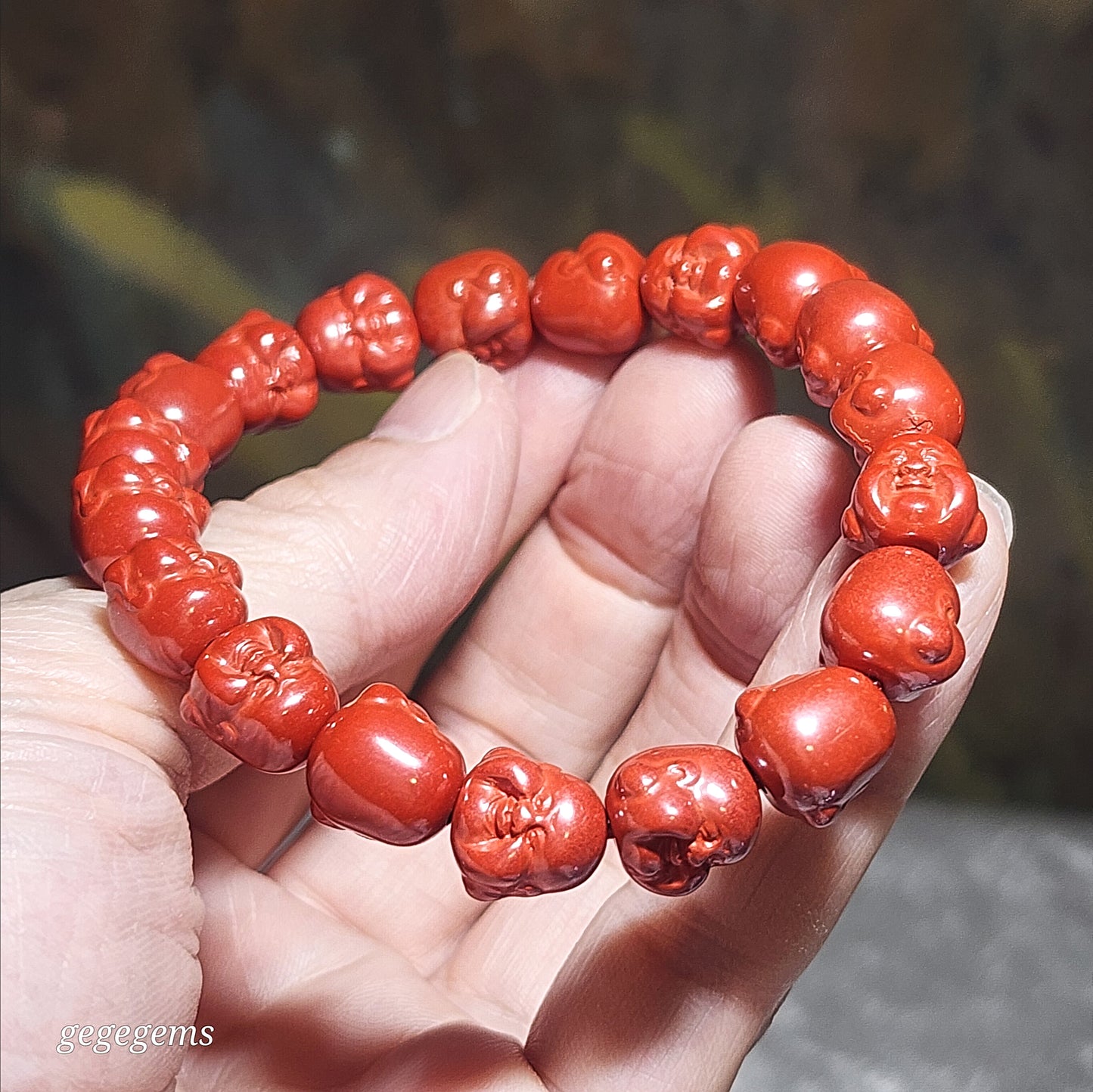 Purest natural Cinnabar 3 dimensional carvings Laughing Buddha bracelet [Natural Crystal] 原矿朱砂立体笑佛弥勒佛手链
