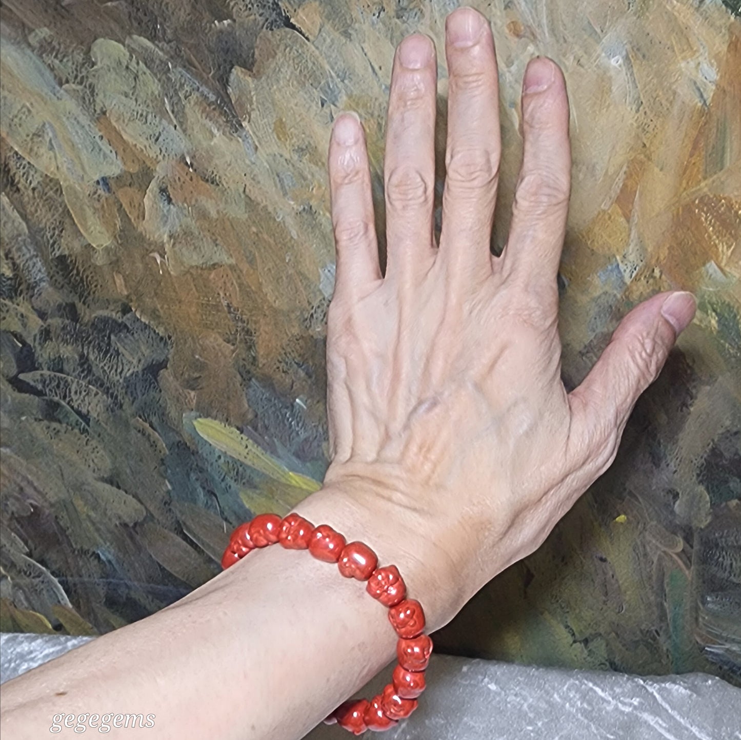 Purest natural Cinnabar 3 dimensional carvings Laughing Buddha bracelet [Natural Crystal] 原矿朱砂立体笑佛弥勒佛手链