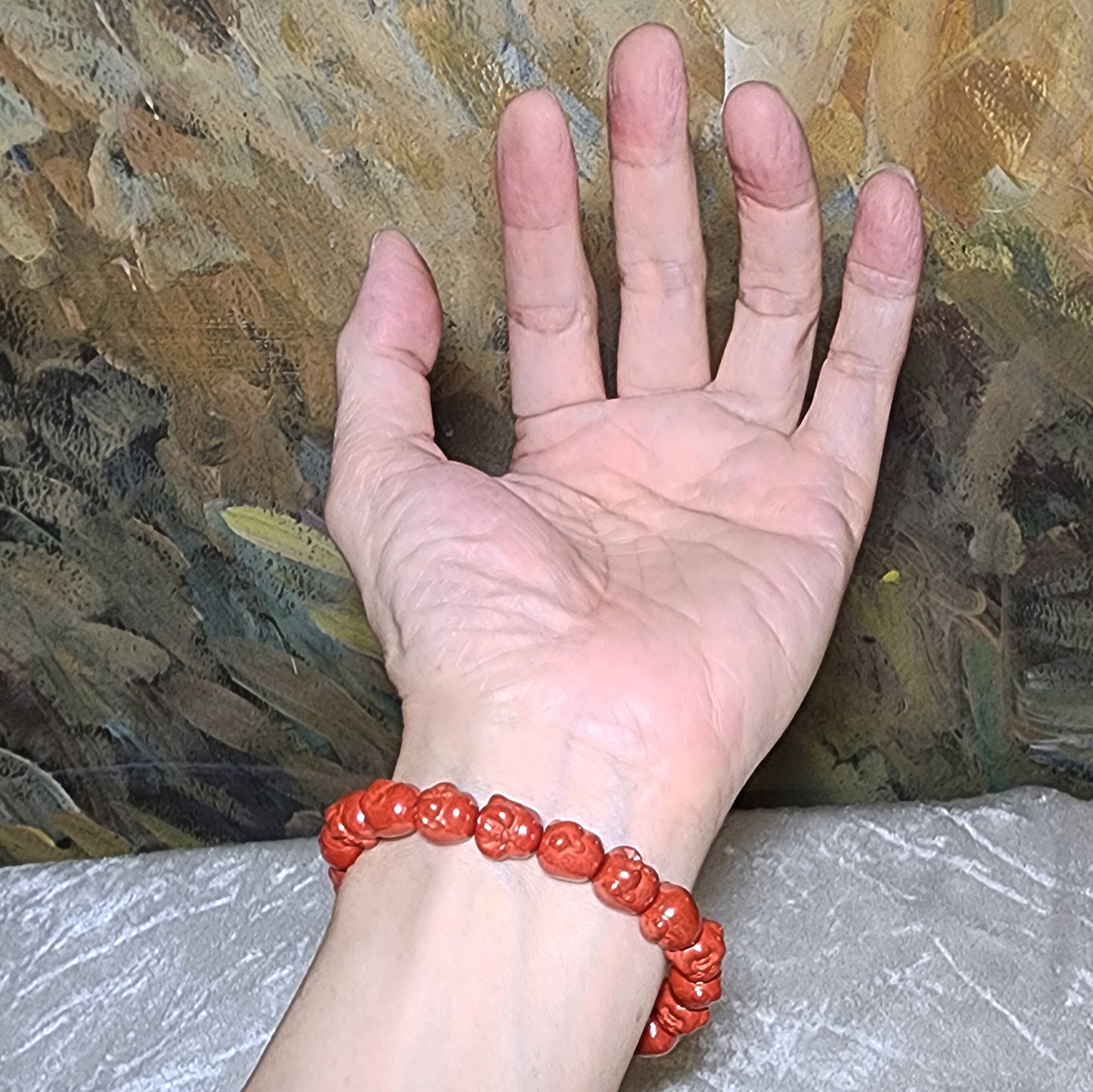 Purest natural Cinnabar 3 dimensional carvings Laughing Buddha bracelet [Natural Crystal] 原矿朱砂立体笑佛弥勒佛手链