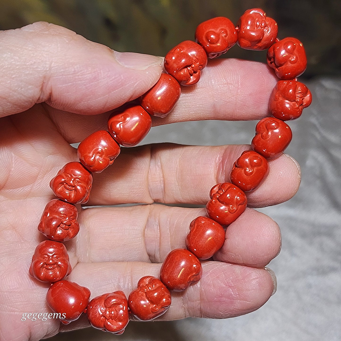 Purest natural Cinnabar 3 dimensional carvings Laughing Buddha bracelet [Natural Crystal] 原矿朱砂立体笑佛弥勒佛手链