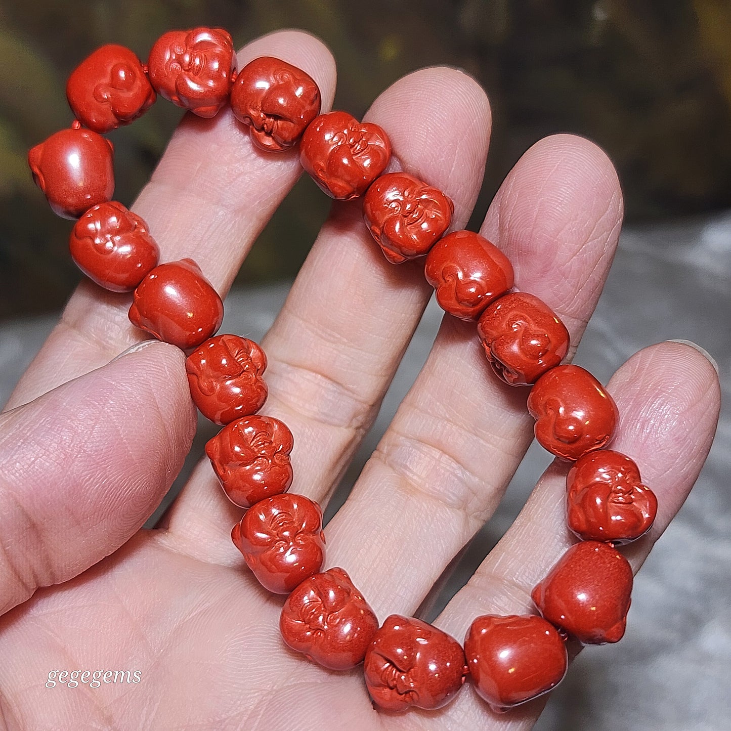 Purest natural Cinnabar 3 dimensional carvings Laughing Buddha bracelet [Natural Crystal] 原矿朱砂立体笑佛弥勒佛手链