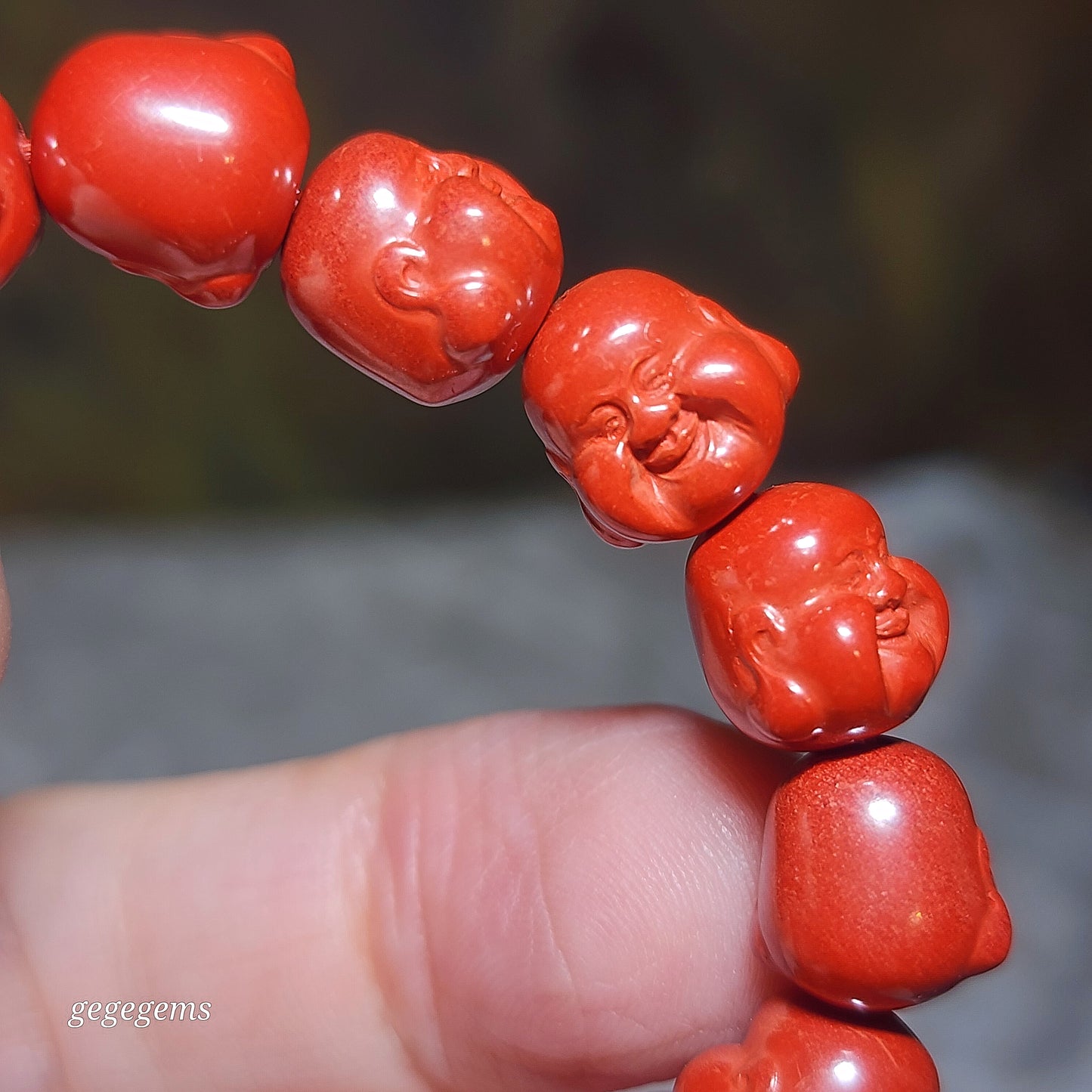 Purest natural Cinnabar 3 dimensional carvings Laughing Buddha bracelet [Natural Crystal] 原矿朱砂立体笑佛弥勒佛手链
