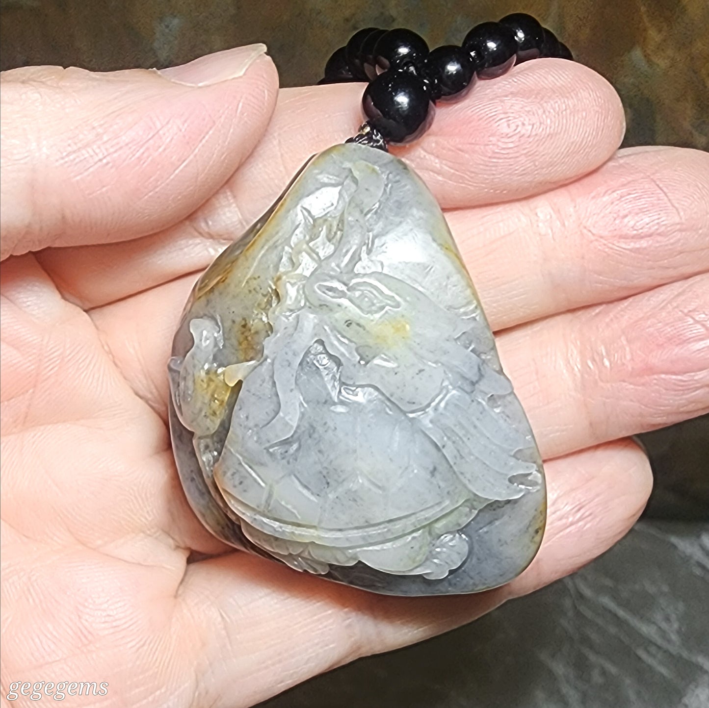 Premium Hetian Pebble Nephrite Qinghua (black & white) carved Dragon Tortoise Chinese Coin handheld / pendant (with certificate) 优质和田玉籽玉青花(黑白)黄沁龙龟铜钱手把/吊坠(带证书)