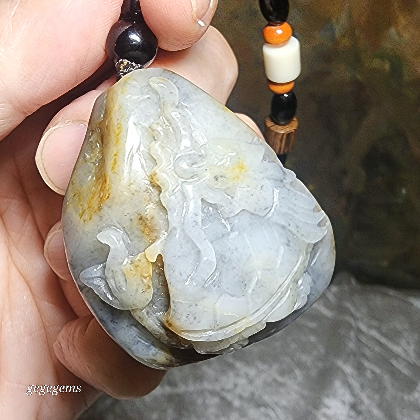 Premium Hetian Pebble Nephrite Qinghua (black & white) carved Dragon Tortoise Chinese Coin handheld / pendant (with certificate) 优质和田玉籽玉青花(黑白)黄沁龙龟铜钱手把/吊坠(带证书)