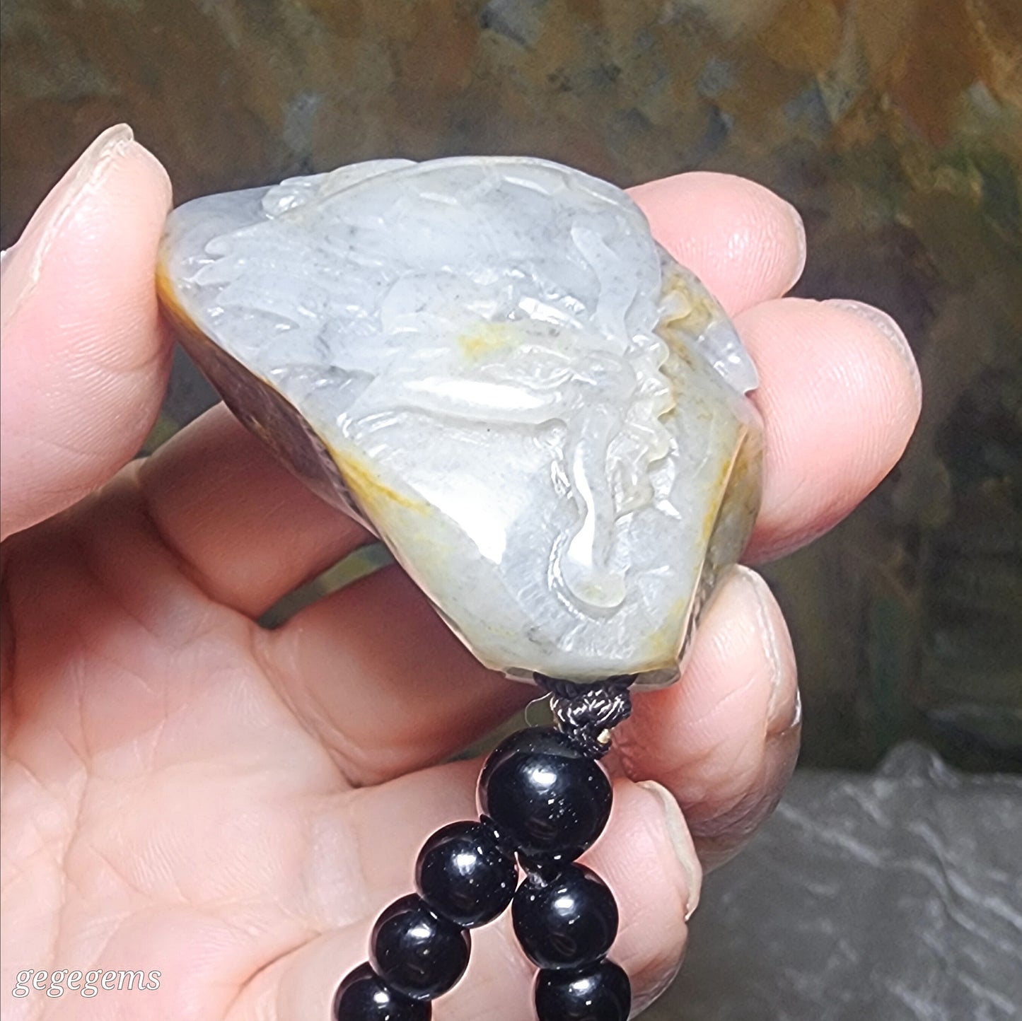 Premium Hetian Pebble Nephrite Qinghua (black & white) carved Dragon Tortoise Chinese Coin handheld / pendant (with certificate) 优质和田玉籽玉青花(黑白)黄沁龙龟铜钱手把/吊坠(带证书)