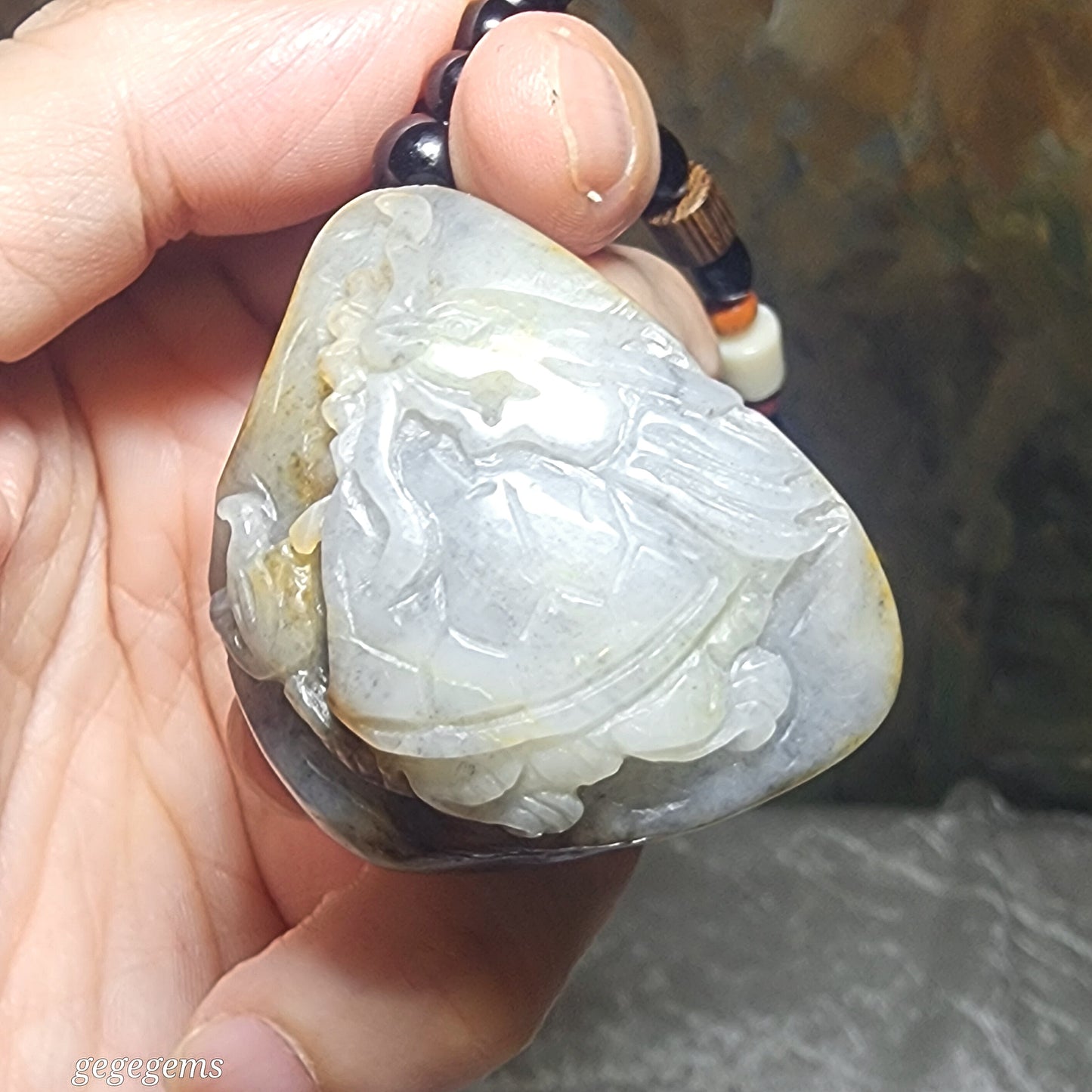 Premium Hetian Pebble Nephrite Qinghua (black & white) carved Dragon Tortoise Chinese Coin handheld / pendant (with certificate) 优质和田玉籽玉青花(黑白)黄沁龙龟铜钱手把/吊坠(带证书)