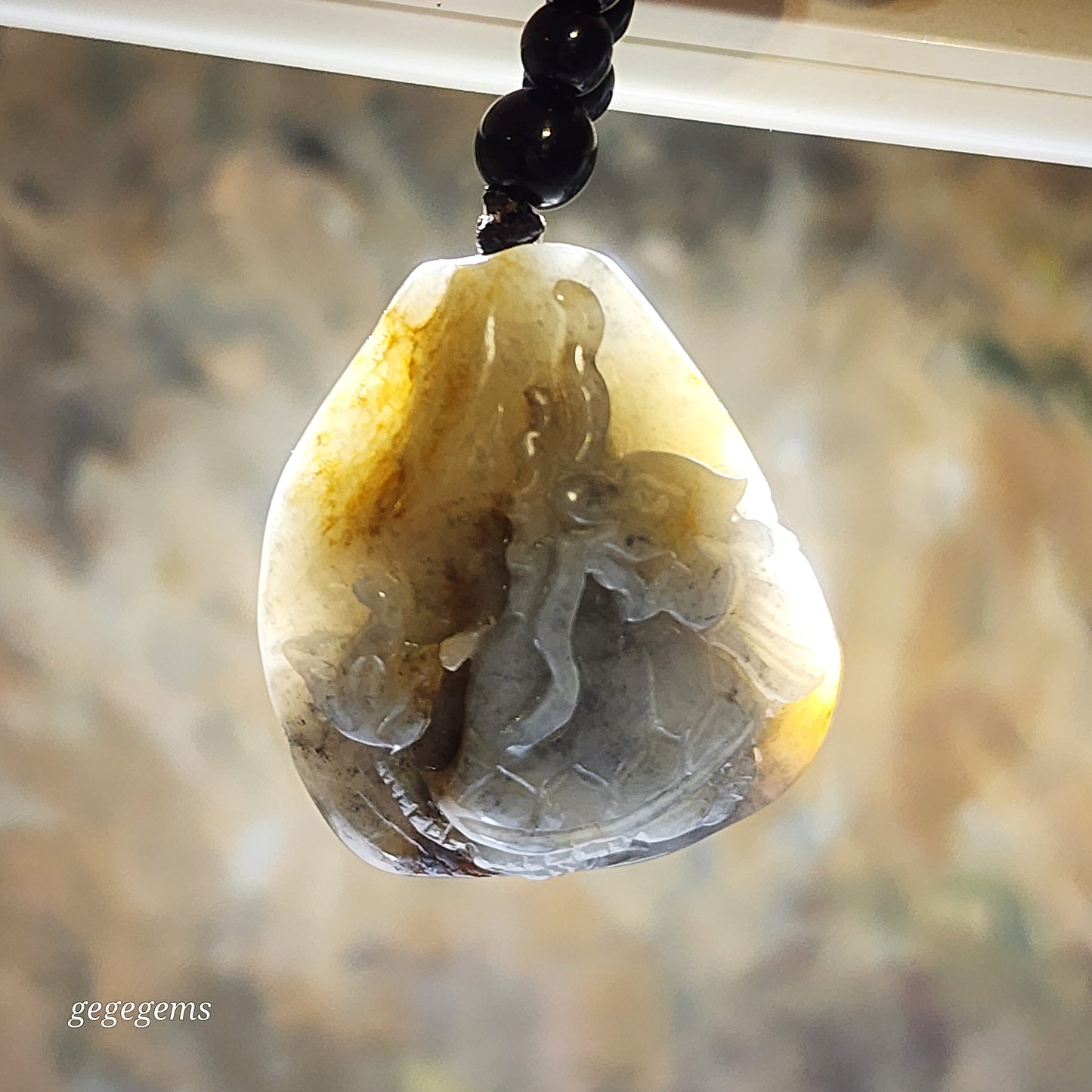 Premium Hetian Pebble Nephrite Qinghua (black & white) carved Dragon Tortoise Chinese Coin handheld / pendant (with certificate) 优质和田玉籽玉青花(黑白)黄沁龙龟铜钱手把/吊坠(带证书)