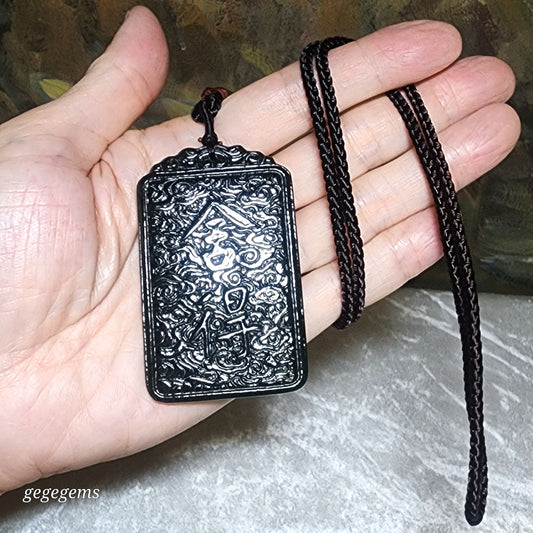 Premium Nephrite deep green double sides carvings "She De 舍得" (willing to give) "Zi Zai 自在" (unrestrained) Auspicious Clouds Jade pendant (with certificate) 优质和田玉深青双面雕刻舍得自在祥云吊坠(带证书) 舍就是得 不舍哪有得 放下便得自在