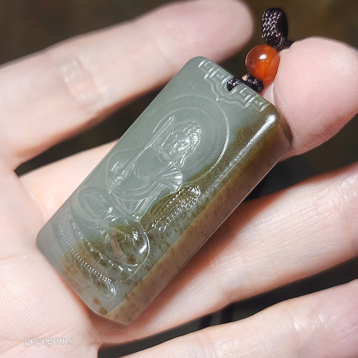 Premium Nephrite Acalanatha/Acala (guardian for zodiac Rooster) Jade pendant (with certificate) 优质和田玉且末蓝带糖不动明王菩萨(合生肖鸡)吊坠(带证书)
