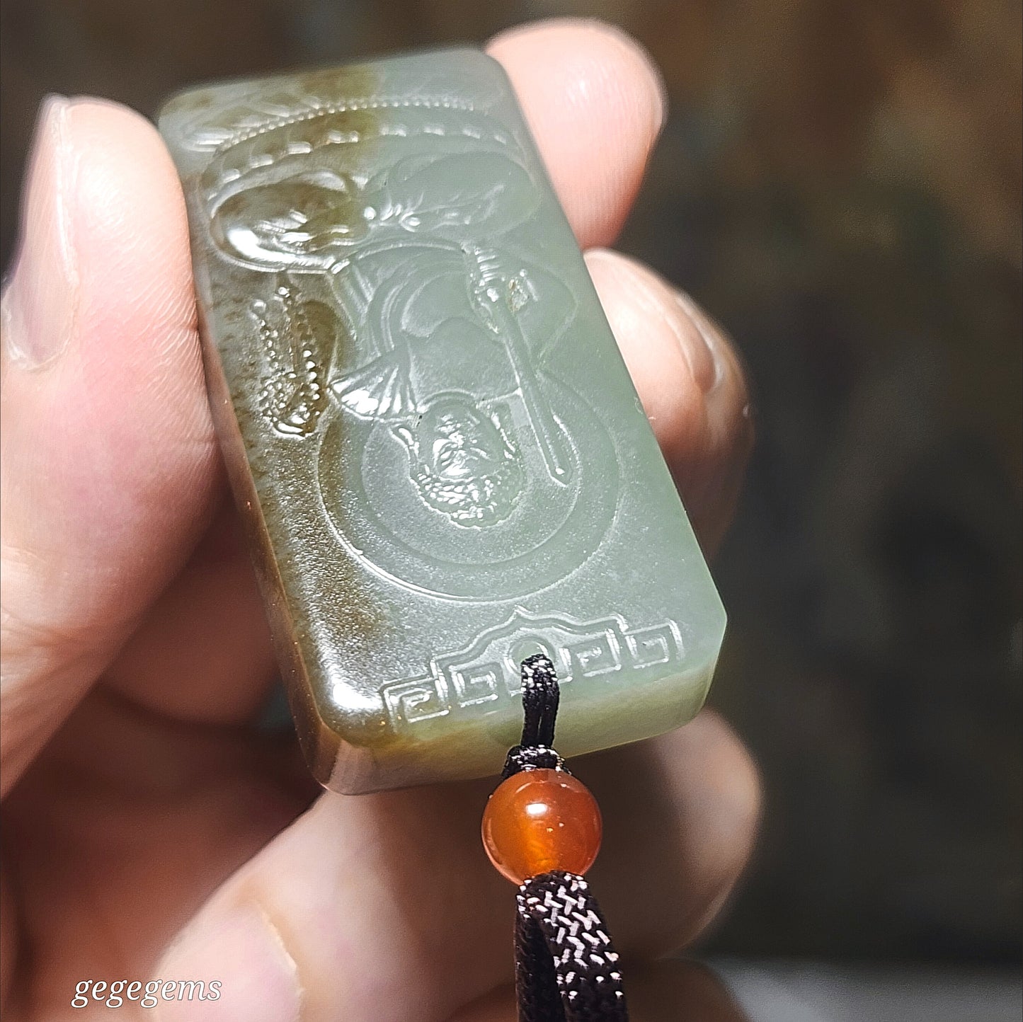 Premium Nephrite Acalanatha/Acala (guardian for zodiac Rooster) Jade pendant (with certificate) 优质和田玉且末蓝带糖不动明王菩萨(合生肖鸡)吊坠(带证书)