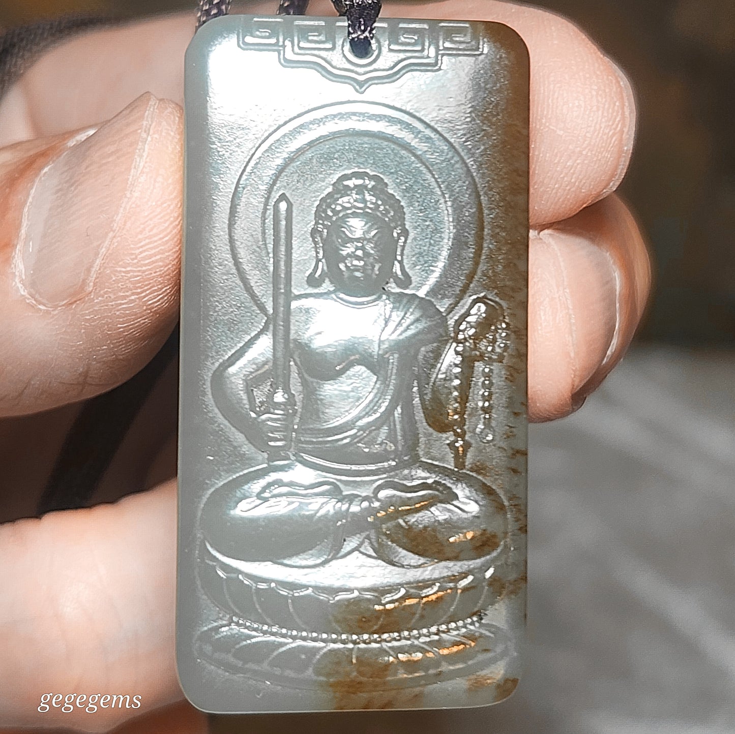 Premium Nephrite Acalanatha/Acala (guardian for zodiac Rooster) Jade pendant (with certificate) 优质和田玉且末蓝带糖不动明王菩萨(合生肖鸡)吊坠(带证书)