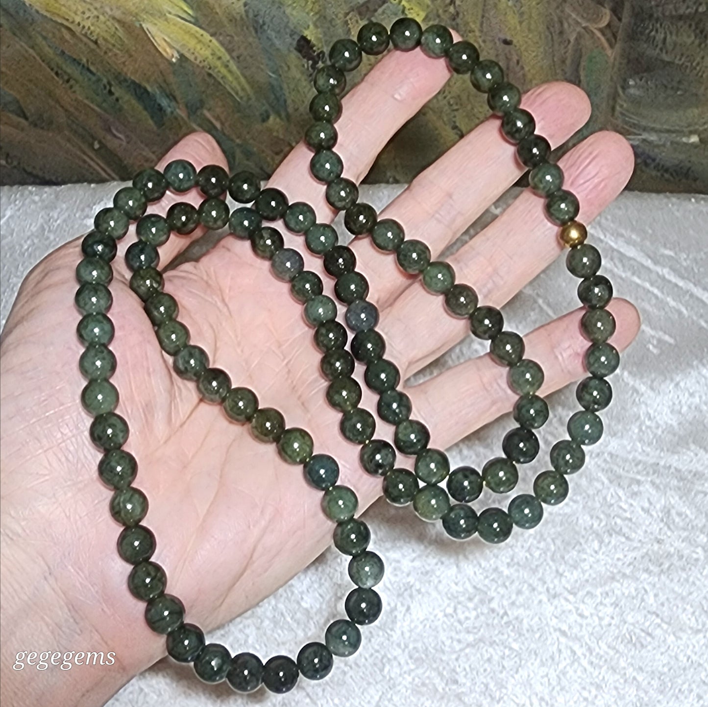 8.2mm Natural untreated Burma Jade (Type A Jadeite) light green with yellow hue Jade necklace (with certificate) 翡翠淡绿带黄调项链(带证书)
