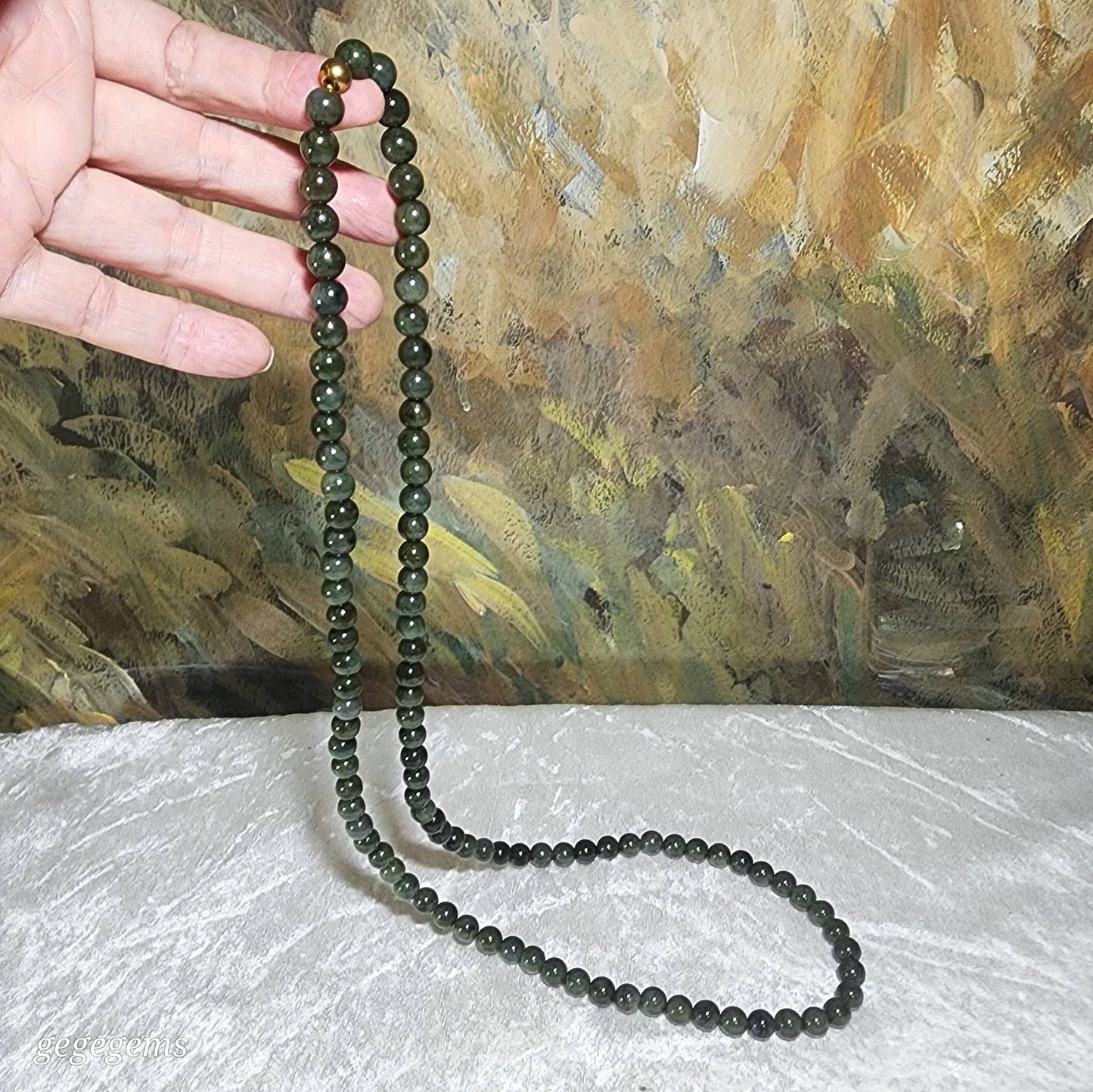 8.2mm Natural untreated Burma Jade (Type A Jadeite) light green with yellow hue Jade necklace (with certificate) 翡翠淡绿带黄调项链(带证书)