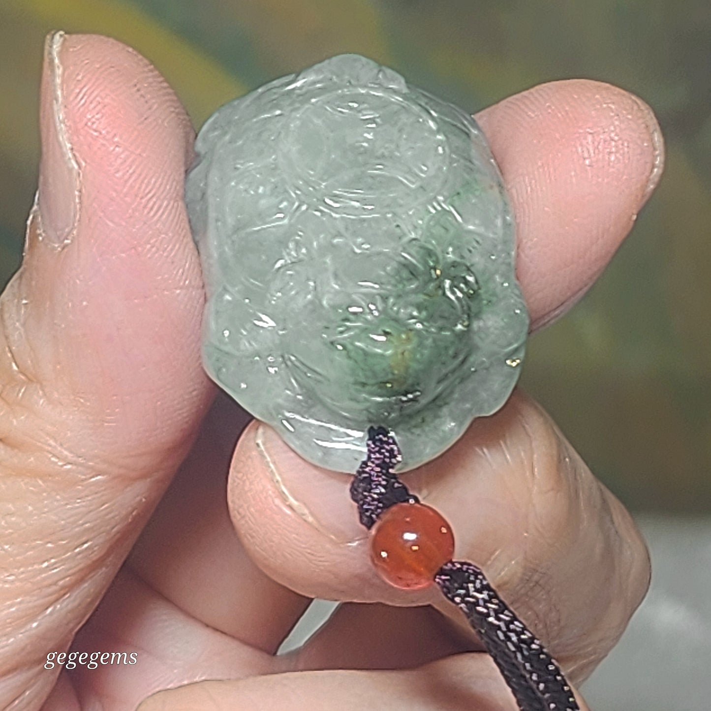 Burma Type A Jadeite light green some yellow Jade Skin Dragon Tortoise Ancient Coins pendant (with certificate) 翡翠浅绿少许黄玉皮龙龟铜钱吊坠(带证书)
