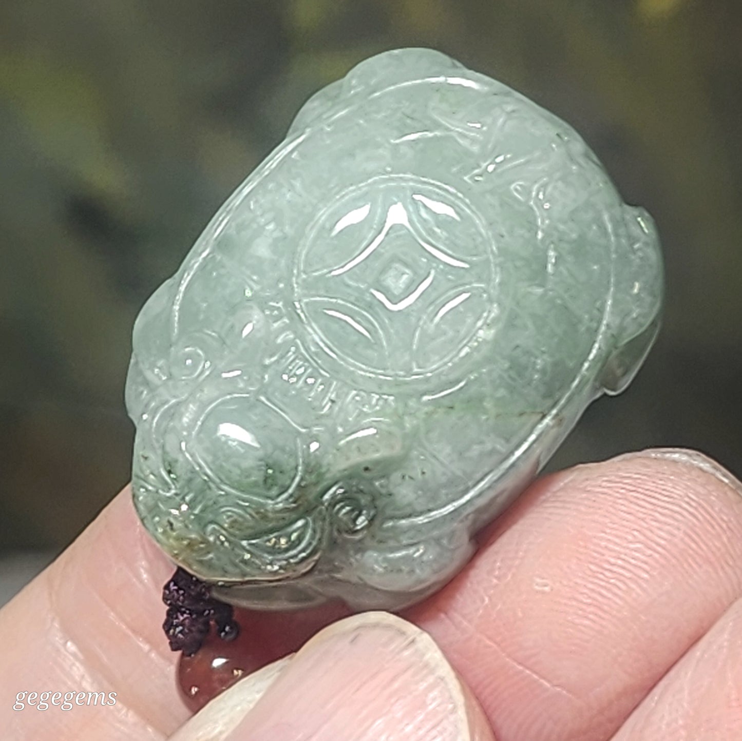 Burma Type A Jadeite light green some yellow Jade Skin Dragon Tortoise Ancient Coins pendant (with certificate) 翡翠浅绿少许黄玉皮龙龟铜钱吊坠(带证书)