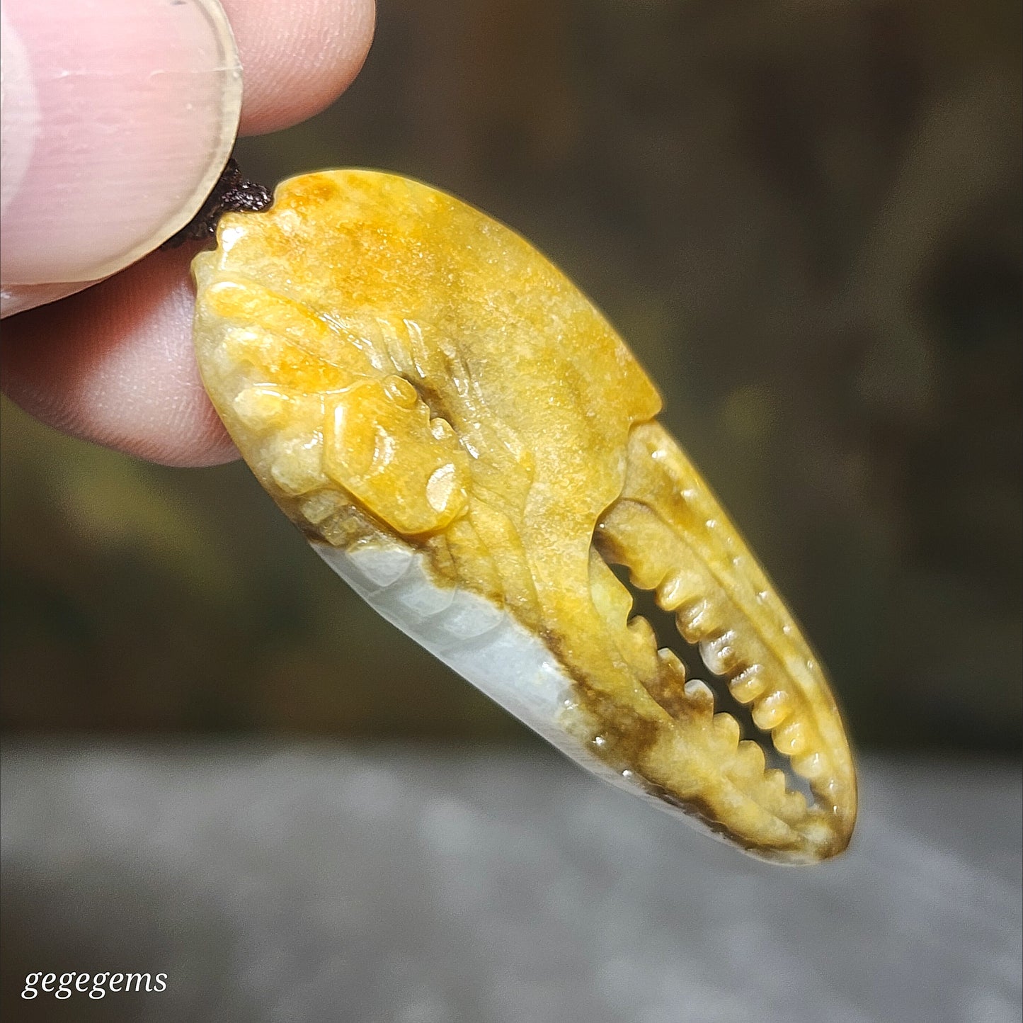 Gegegems Collection premium Type A Yellow Jadeite Crab Crab Claw Coins jade pendant (with certificate) 精品翡翠天然黄翡招财守财蟹铜钱蟹钳吊坠(带证书)