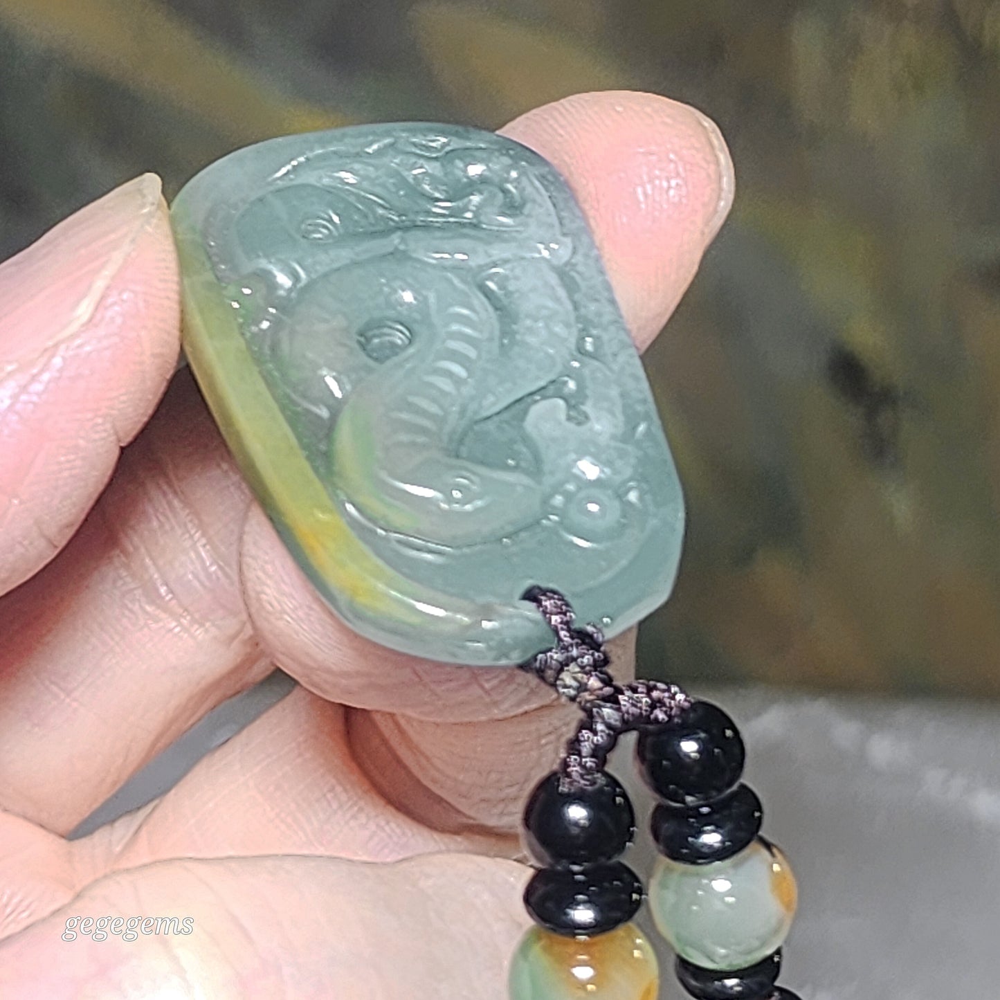 Type A Jadeite light blue green yellow (Zodiac) Snake pendant (with certificate) [Natural Crystal] 翡翠黄翡淡蓝绿(生肖)蛇吊坠(带证书)