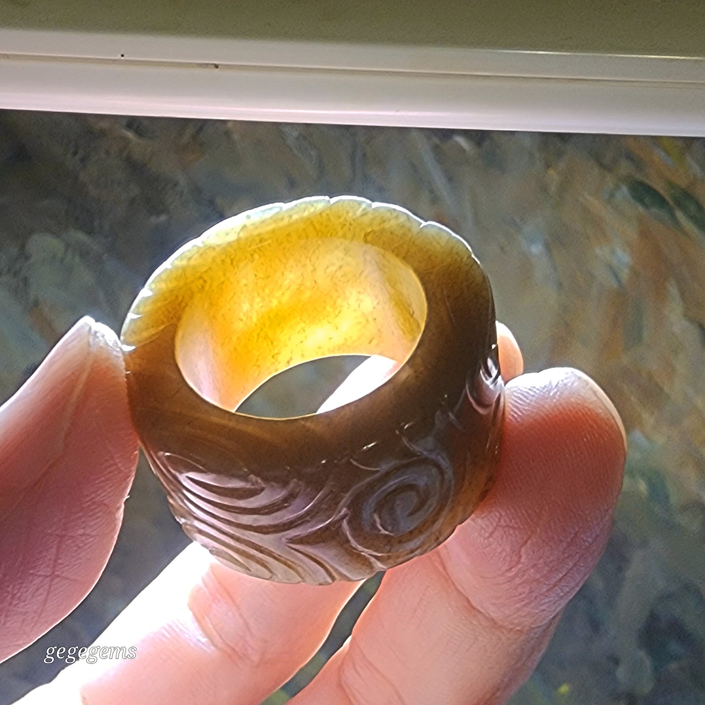 20.9mm Premium Nephrite caramel brown carved Auspicious Cloud thumb ring large ring (with certificate) 优质和田玉且末糖祥云扳指大戒指(带证书)