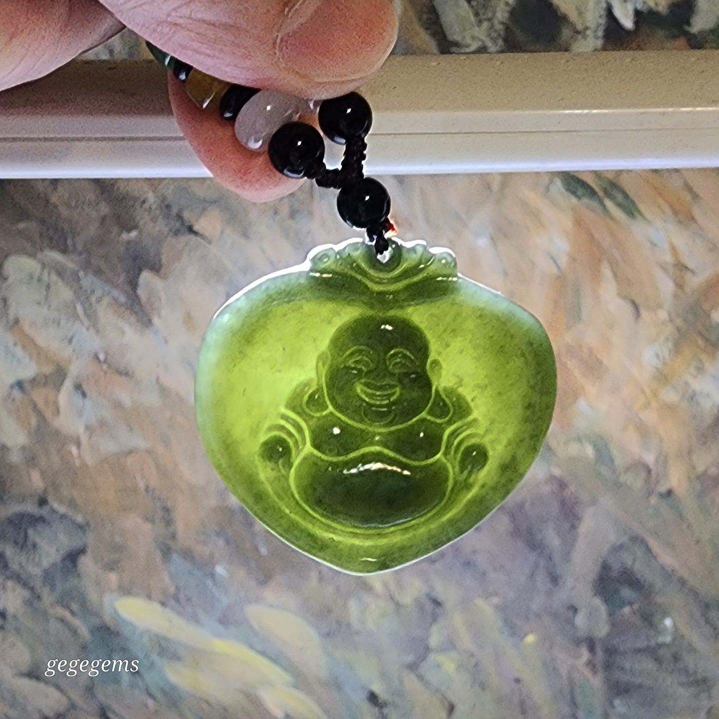Nephrite good greasiness green Buddha in One's Heart pendant (with certificate) 且末和田玉油润佛在心中吊坠(带证书)
