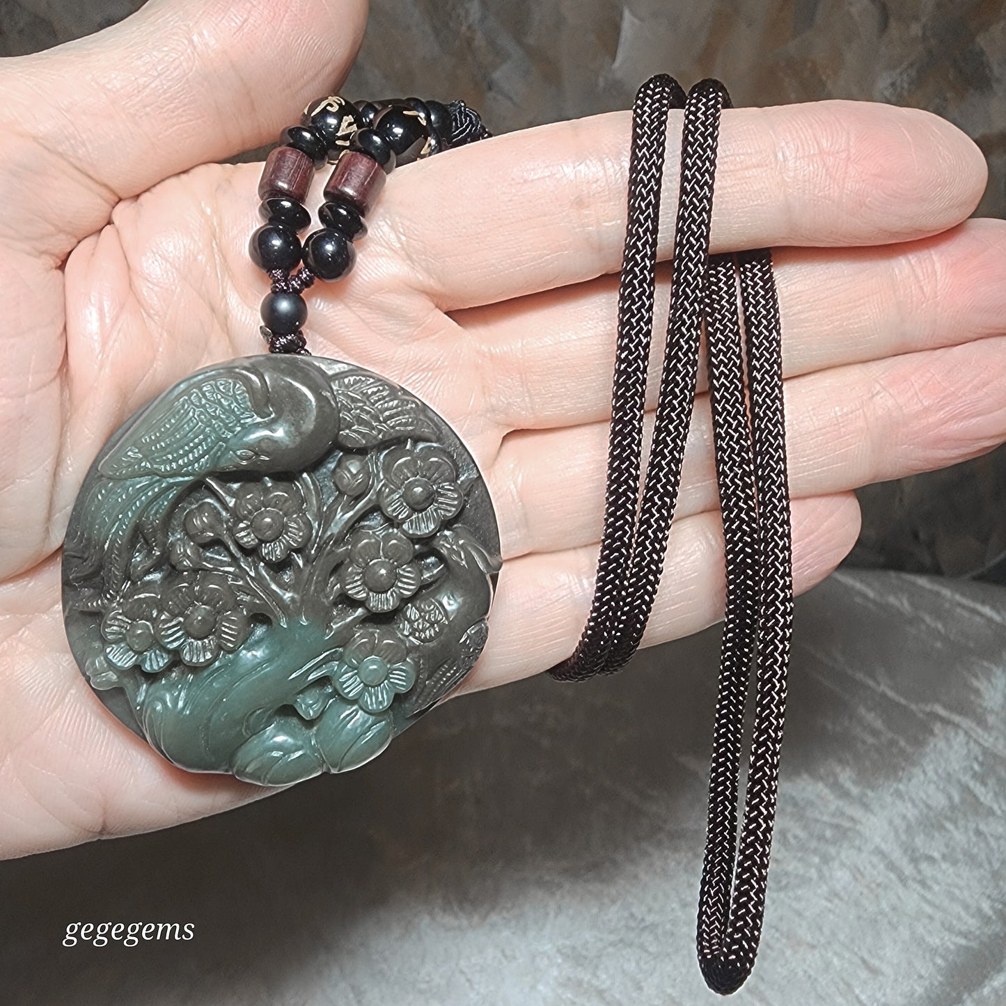 Premium natural Nephrite blue green caramel brown Hundred Blessings 2 Magpie Plum Blossom Jade pendant (with certificate) 优质和田玉且末糖蓝绿百福喜上眉梢吊坠(带证书)