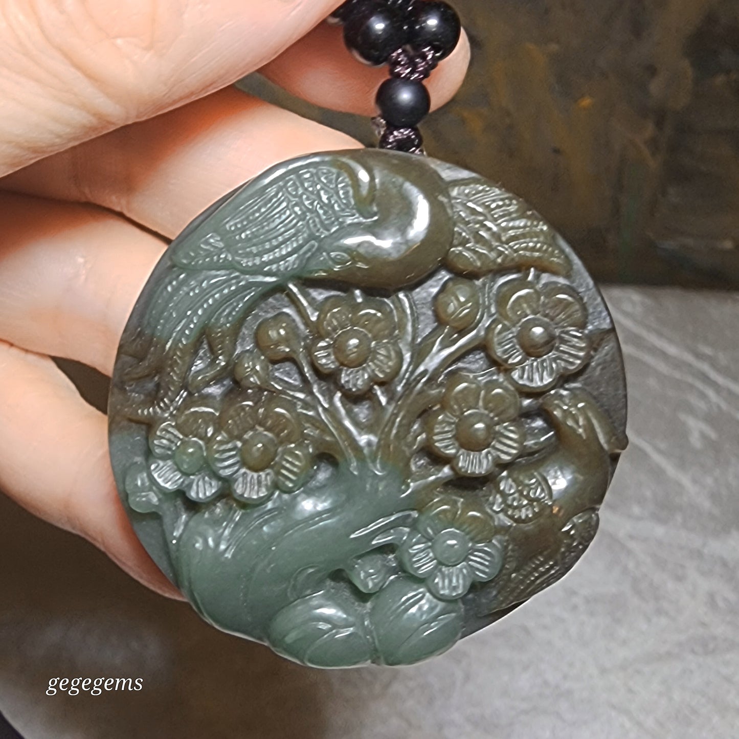 Premium natural Nephrite blue green caramel brown Hundred Blessings 2 Magpie Plum Blossom Jade pendant (with certificate) 优质和田玉且末糖蓝绿百福喜上眉梢吊坠(带证书)