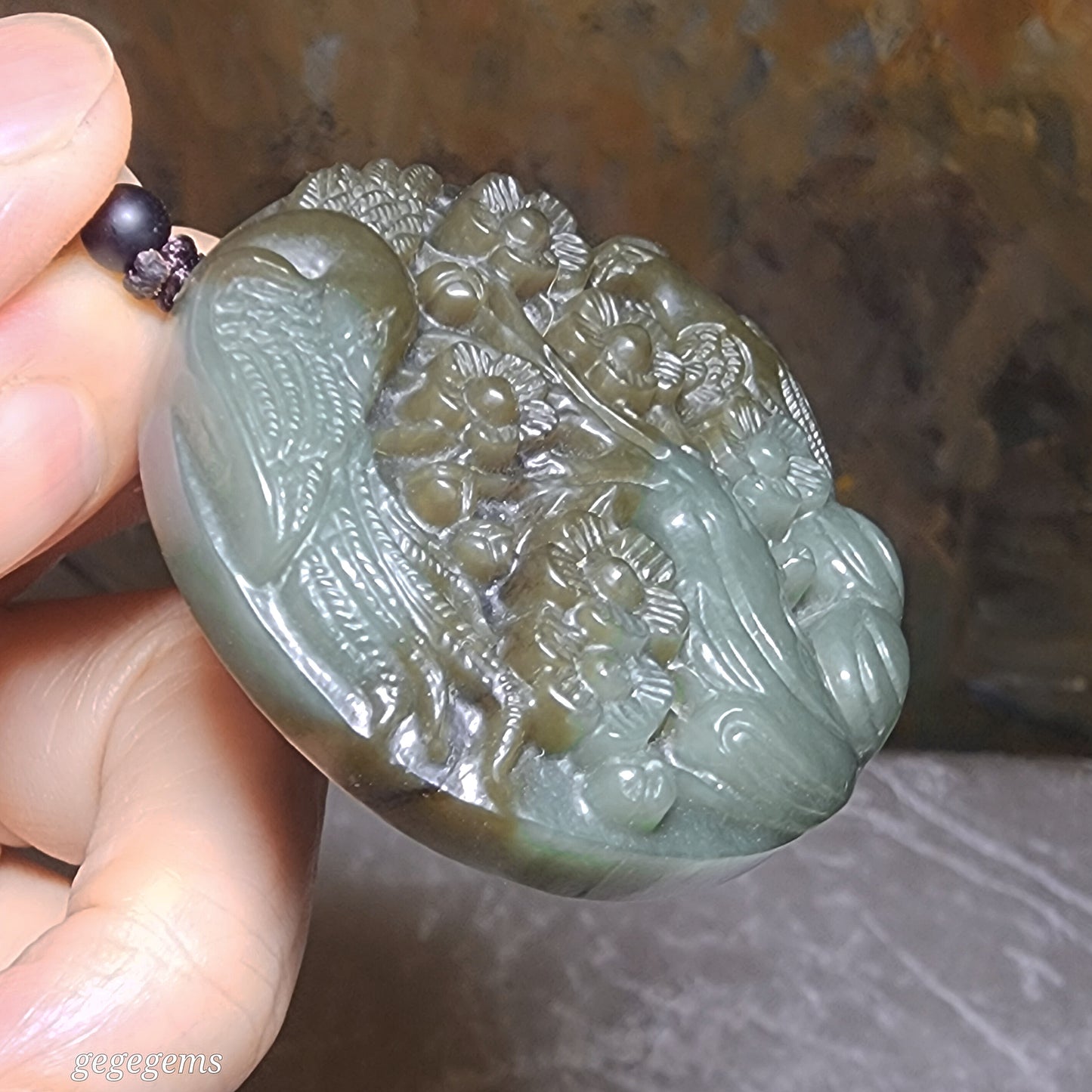 Premium natural Nephrite blue green caramel brown Hundred Blessings 2 Magpie Plum Blossom Jade pendant (with certificate) 优质和田玉且末糖蓝绿百福喜上眉梢吊坠(带证书)