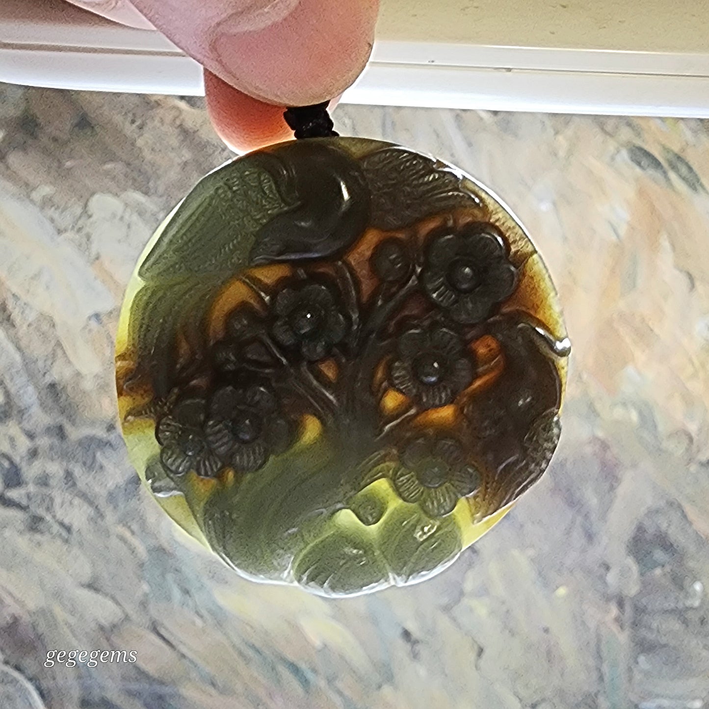 Premium natural Nephrite blue green caramel brown Hundred Blessings 2 Magpie Plum Blossom Jade pendant (with certificate) 优质和田玉且末糖蓝绿百福喜上眉梢吊坠(带证书)