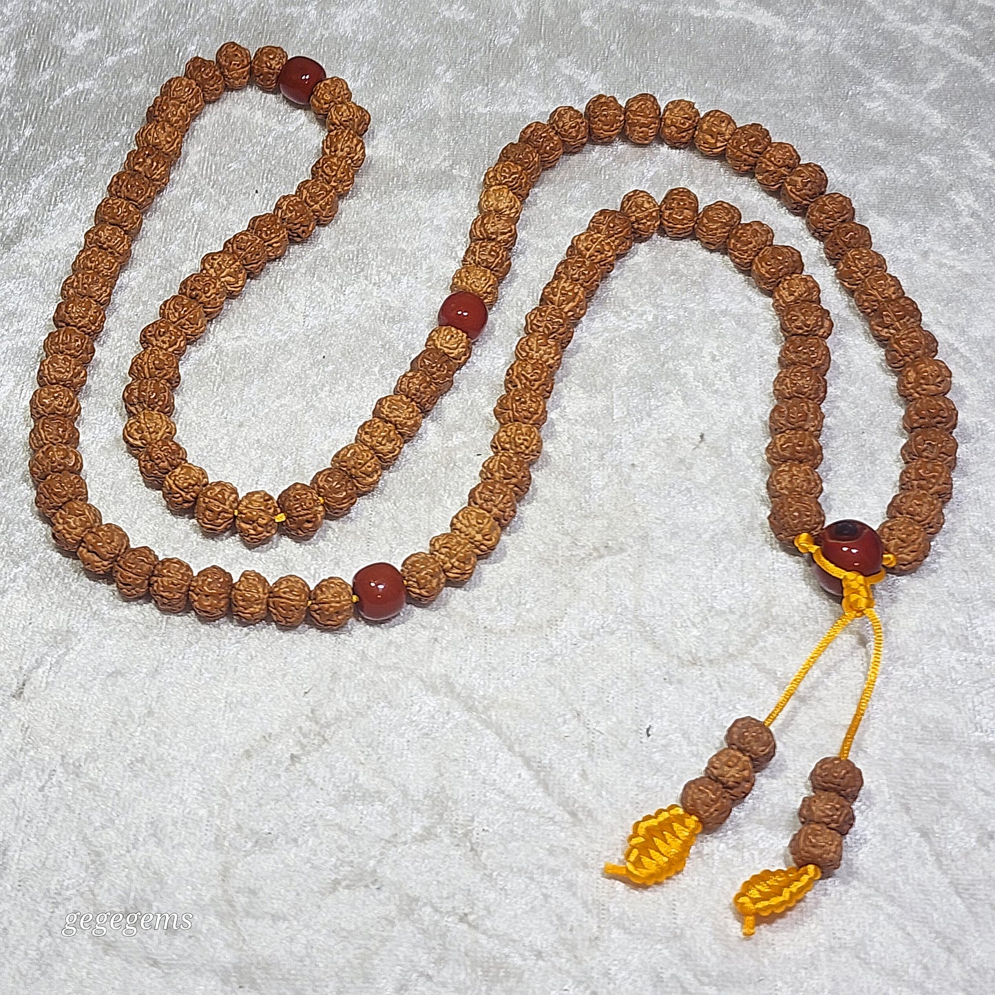 [Sold] Gegegems Creation 9.2mm 6 Mukhi (Faces) high density high oil content "Tree King" "Full Body" Rudraksha 108 necklace with a 13.5mm The Warring States Sardonyx Lu Lu Tong & 3 Waxi Nan Hong traditional old style beads 高油六瓣树王铁籽爆肉小金刚菩提108项链配战国红瓦西南红