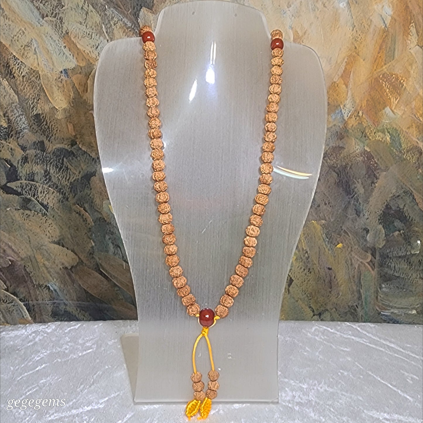 [Sold] Gegegems Creation 9.2mm 6 Mukhi (Faces) high density high oil content "Tree King" "Full Body" Rudraksha 108 necklace with a 13.5mm The Warring States Sardonyx Lu Lu Tong & 3 Waxi Nan Hong traditional old style beads 高油六瓣树王铁籽爆肉小金刚菩提108项链配战国红瓦西南红