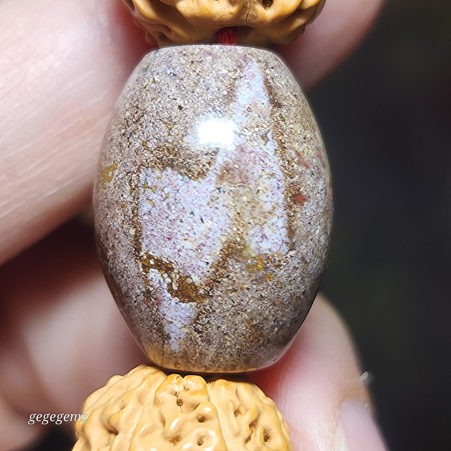 Gegegems Creation 15.5mm+ small species Rudraksha 6 Mukhi deep lines Panlong with Tibetan red spots Lightning 5 Eyes Da Luo Dzi & Cinnabar carved coins 18 beads mala handheld bracelet 大尺寸六瓣小金刚菩提深坑盘龙配象雄满朱砂闪电五眼达洛天珠帝皇砂古钱珠藏式三通十八子手持