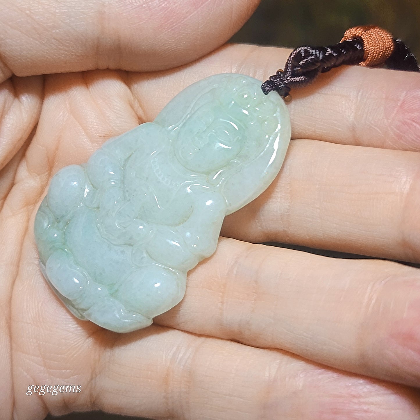 Natural untreated Burma Jade (Type A Jadeite) light green Treasure Vase Guan Yin pendant (with certificate) 翡翠A货淡绿宝瓶(保平安)观音吊坠(带证书)