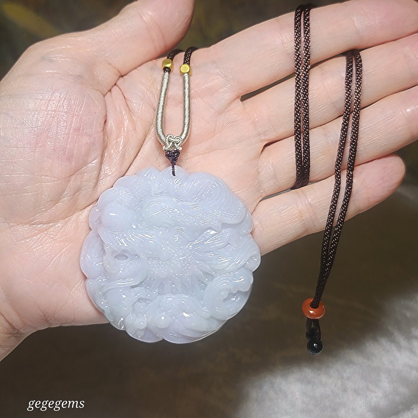 81 grams Natural untreated Burma Jade (Type A Jadeite) light lavender Dragon handheld / large pendant (with certificate) 翡翠A货淡紫龙手把件大吊坠(带证书)