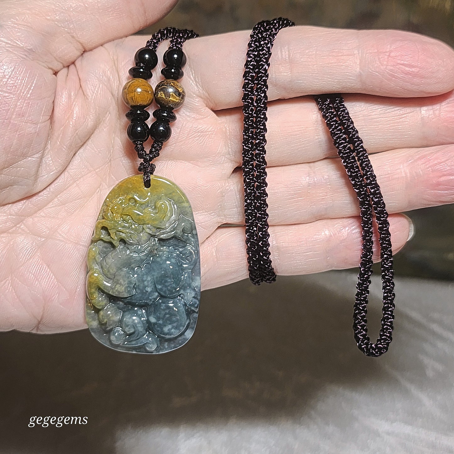 Premium Type A Yellow Jadeite blue green Ruyi Qilin Jade pendant (with certificate) 优质翡翠黄翡蓝绿如意麒麟吊坠(带证书)