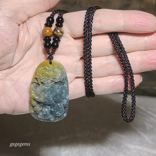 Premium Type A Yellow Jadeite blue green Ruyi Qilin Jade pendant (with certificate) 优质翡翠黄翡蓝绿如意麒麟吊坠(带证书)