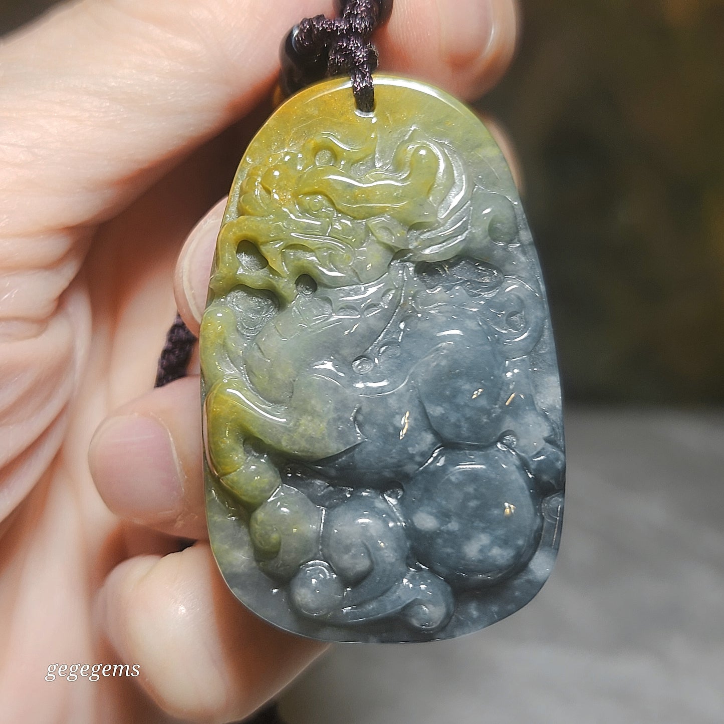 Premium Type A Yellow Jadeite blue green Ruyi Qilin Jade pendant (with certificate) 优质翡翠黄翡蓝绿如意麒麟吊坠(带证书)