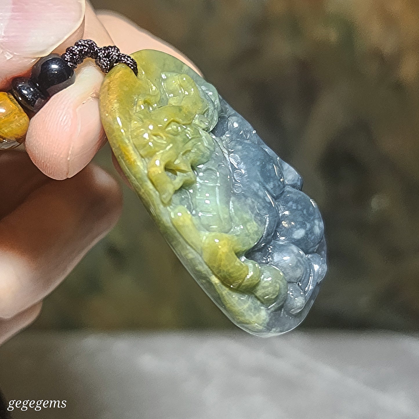 Premium Type A Yellow Jadeite blue green Ruyi Qilin Jade pendant (with certificate) 优质翡翠黄翡蓝绿如意麒麟吊坠(带证书)