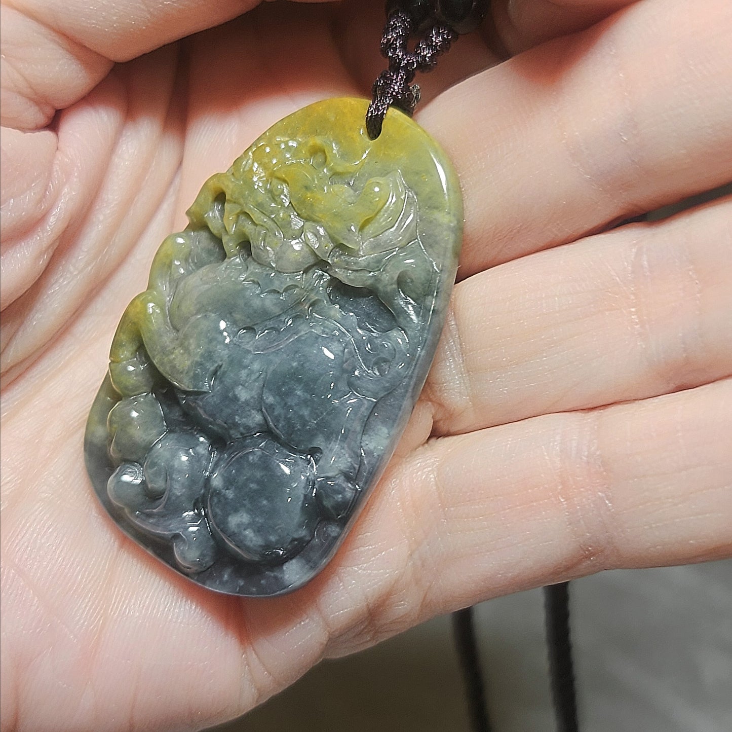 Premium Type A Yellow Jadeite blue green Ruyi Qilin Jade pendant (with certificate) 优质翡翠黄翡蓝绿如意麒麟吊坠(带证书)