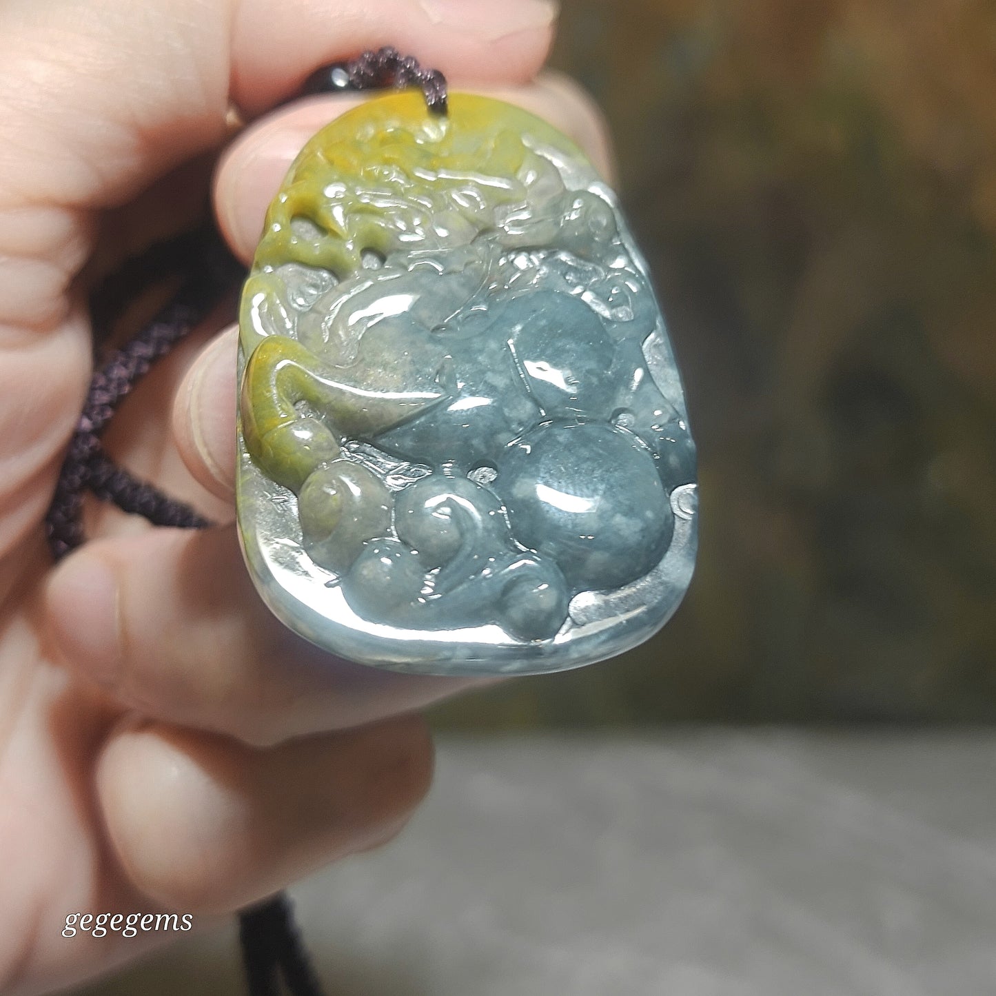 Premium Type A Yellow Jadeite blue green Ruyi Qilin Jade pendant (with certificate) 优质翡翠黄翡蓝绿如意麒麟吊坠(带证书)