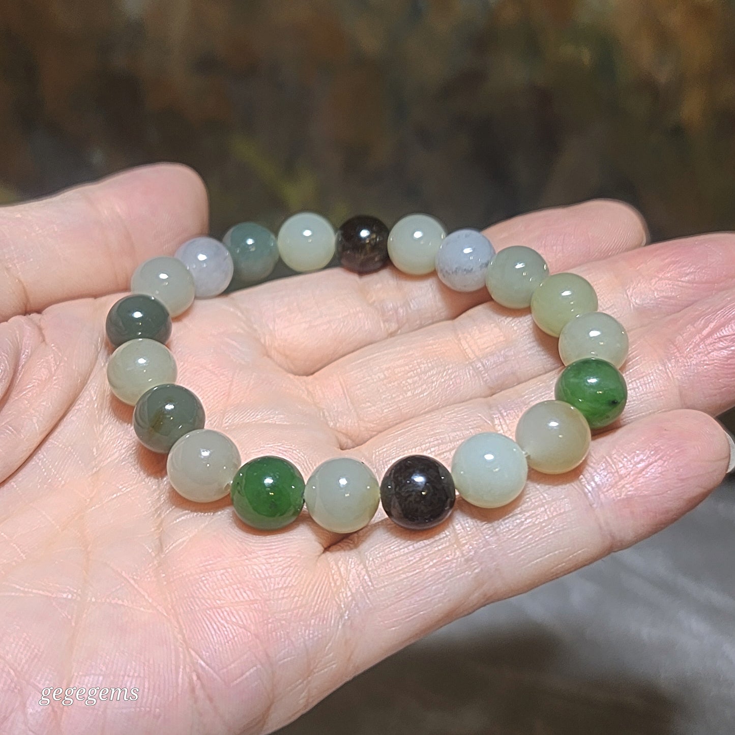 Premium 9.8mm Nephrite multicolor Jade bracelet (with certificate) 优质和田玉多色多宝串手链(带证书)