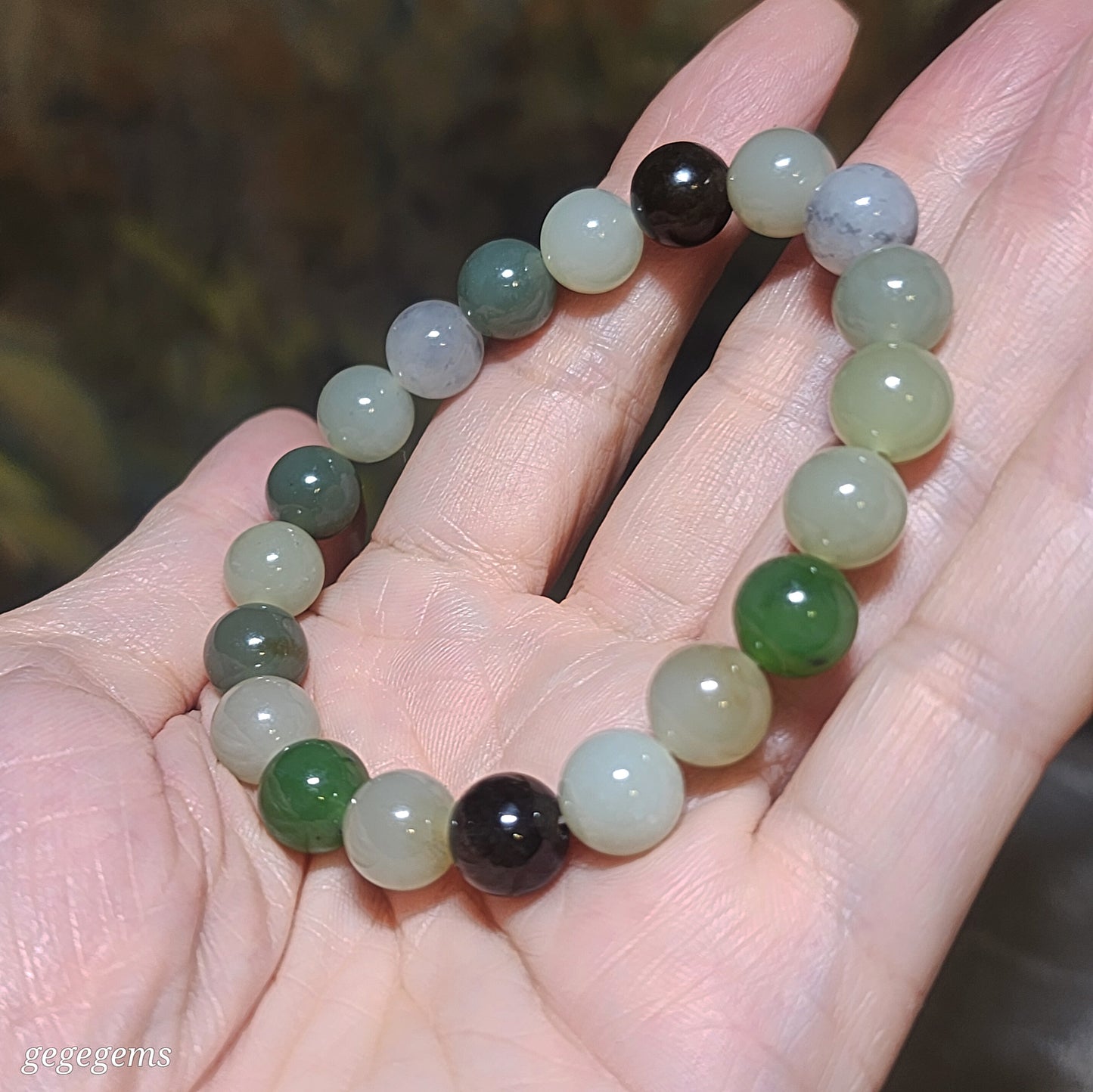 Premium 9.8mm Nephrite multicolor Jade bracelet (with certificate) 优质和田玉多色多宝串手链(带证书)