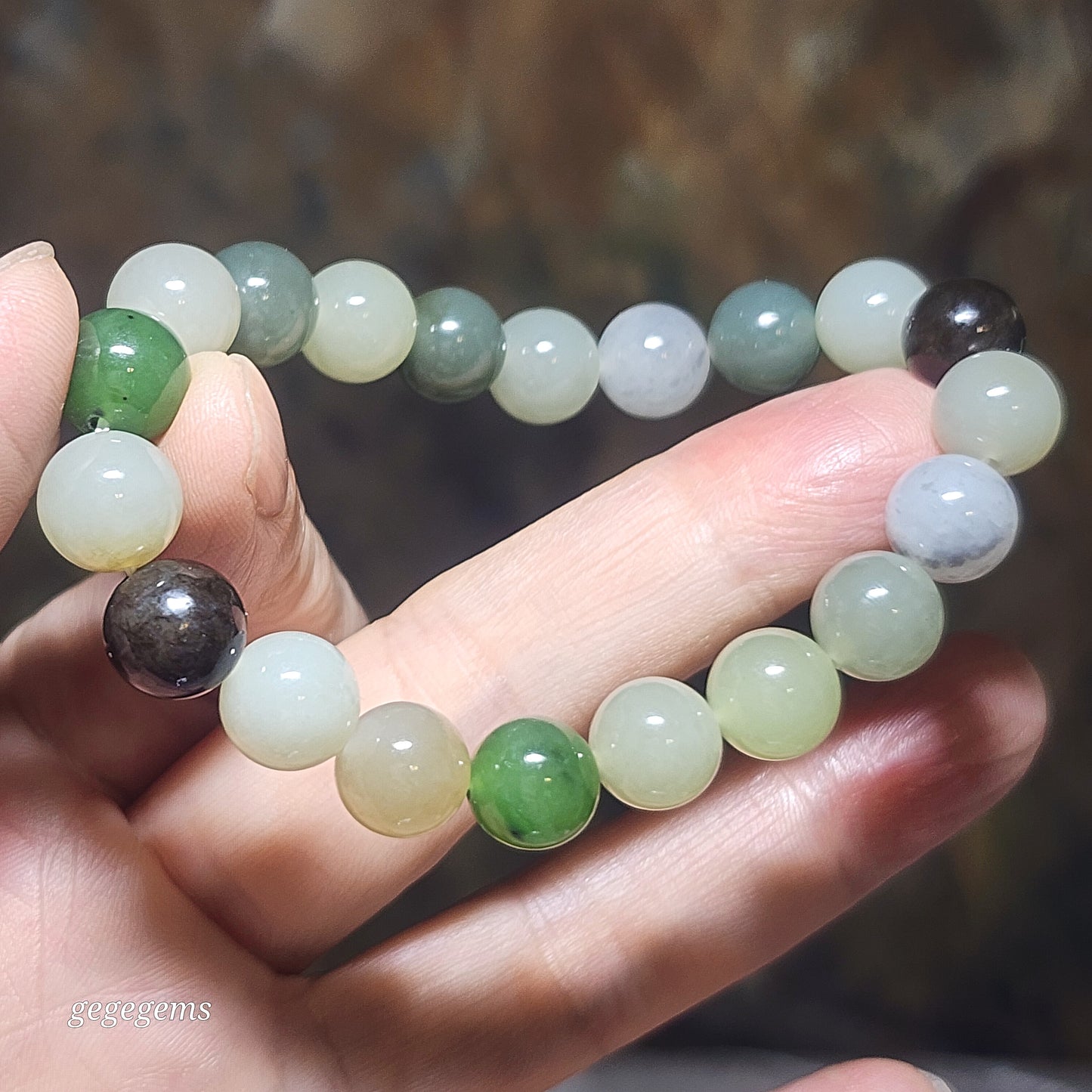 Premium 9.8mm Nephrite multicolor Jade bracelet (with certificate) 优质和田玉多色多宝串手链(带证书)