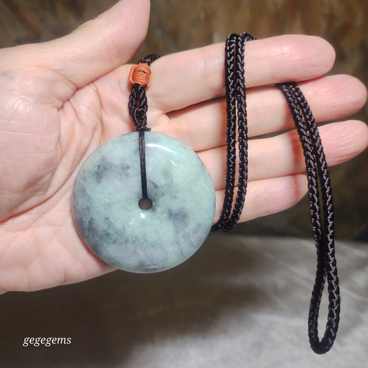 Rare 76 grams Type A Jadeite Burma Jade light blue green black fowl large Donut handheld pendant (with certificate) 罕见翡翠A货浅蓝绿乌鸡大平安扣吊坠手把(带证书)