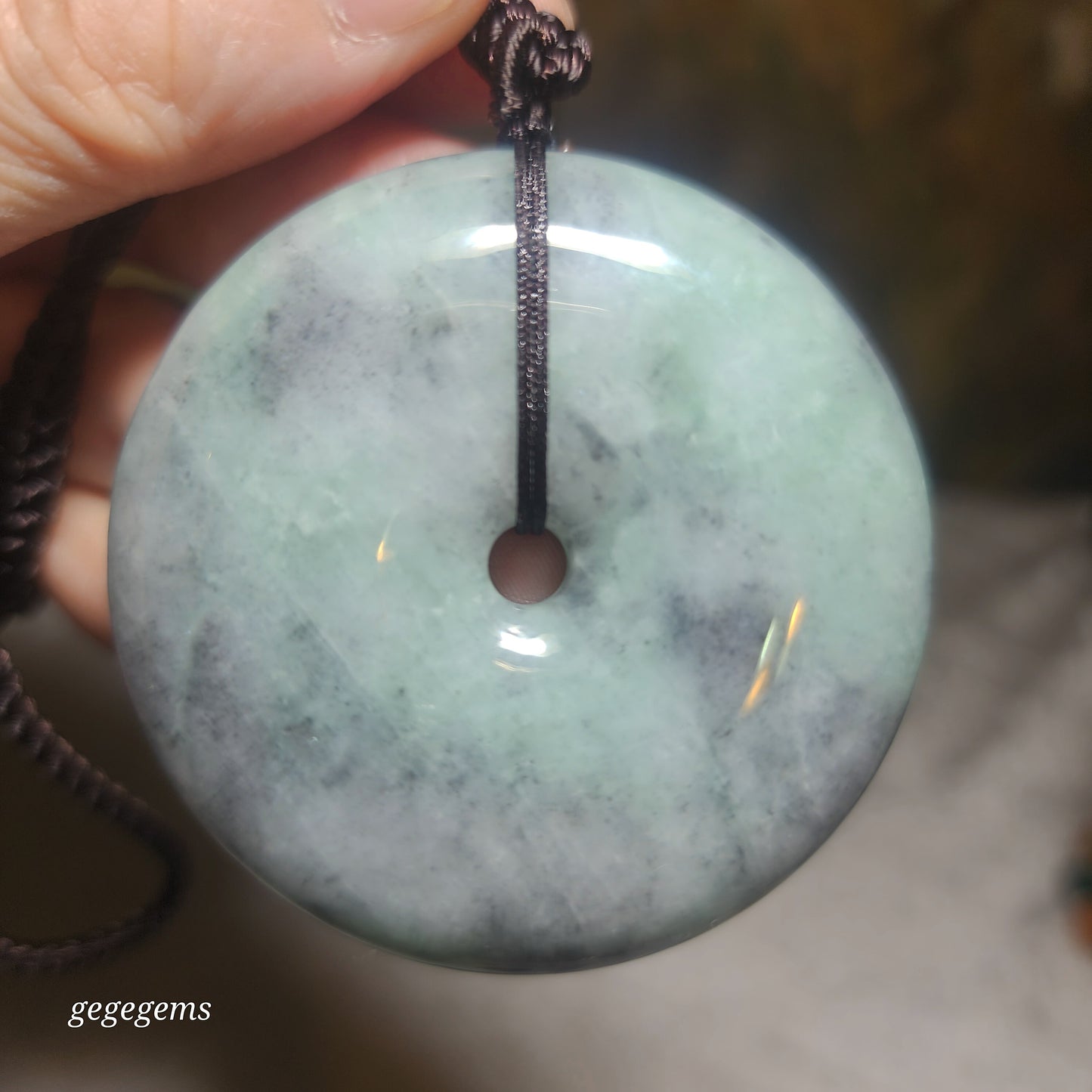 Rare 76 grams Type A Jadeite Burma Jade light blue green black fowl large Donut handheld pendant (with certificate) 罕见翡翠A货浅蓝绿乌鸡大平安扣吊坠手把(带证书)