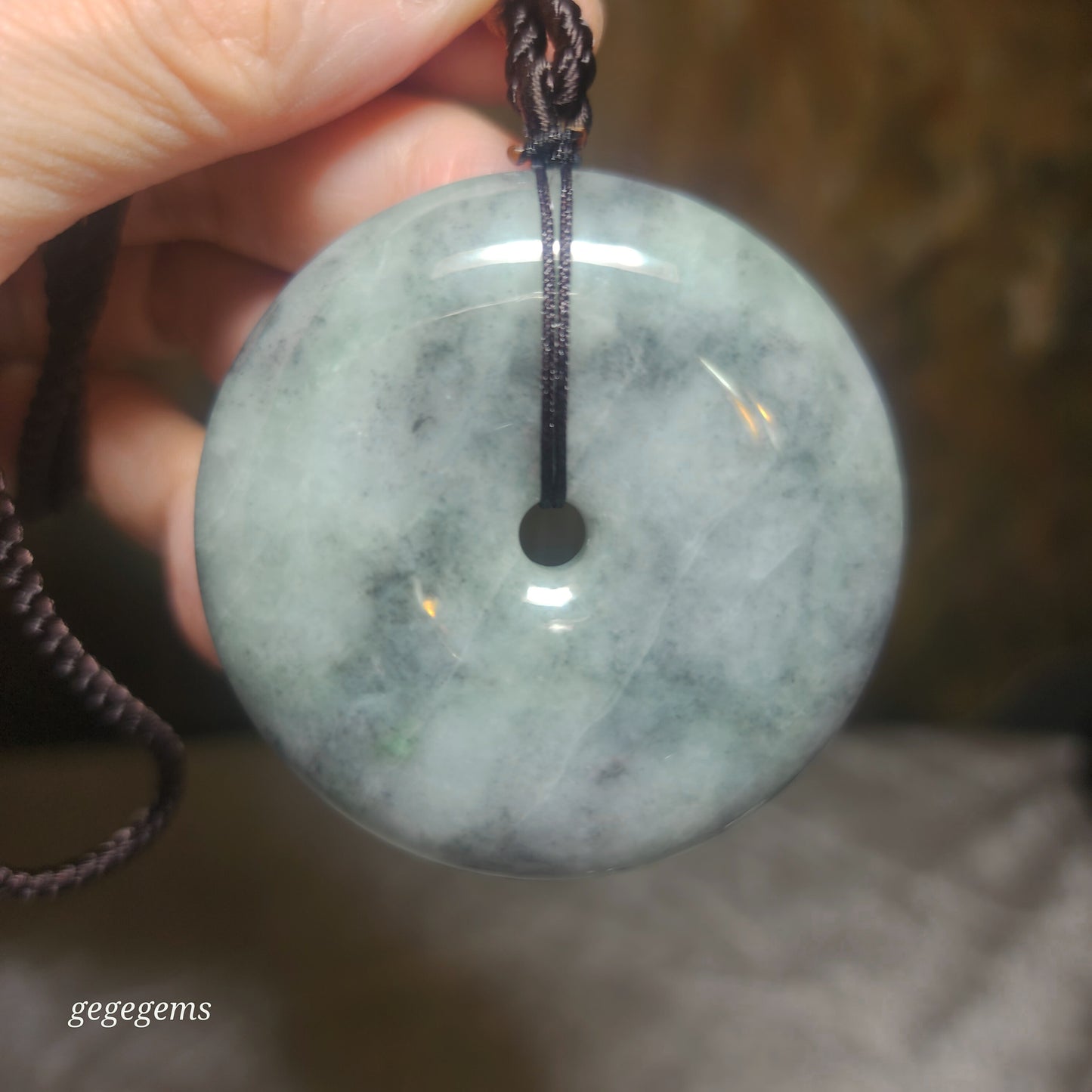 Rare 76 grams Type A Jadeite Burma Jade light blue green black fowl large Donut handheld pendant (with certificate) 罕见翡翠A货浅蓝绿乌鸡大平安扣吊坠手把(带证书)