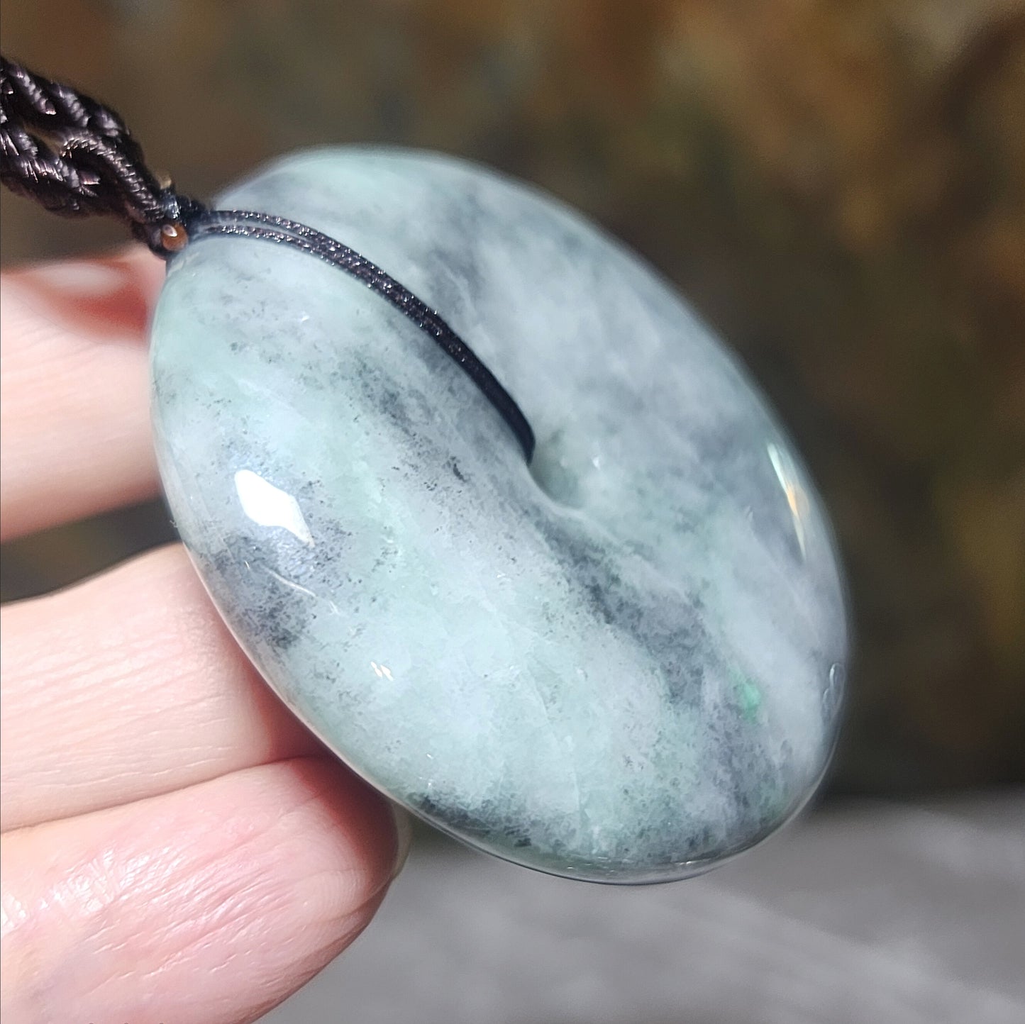 Rare 76 grams Type A Jadeite Burma Jade light blue green black fowl large Donut handheld pendant (with certificate) 罕见翡翠A货浅蓝绿乌鸡大平安扣吊坠手把(带证书)