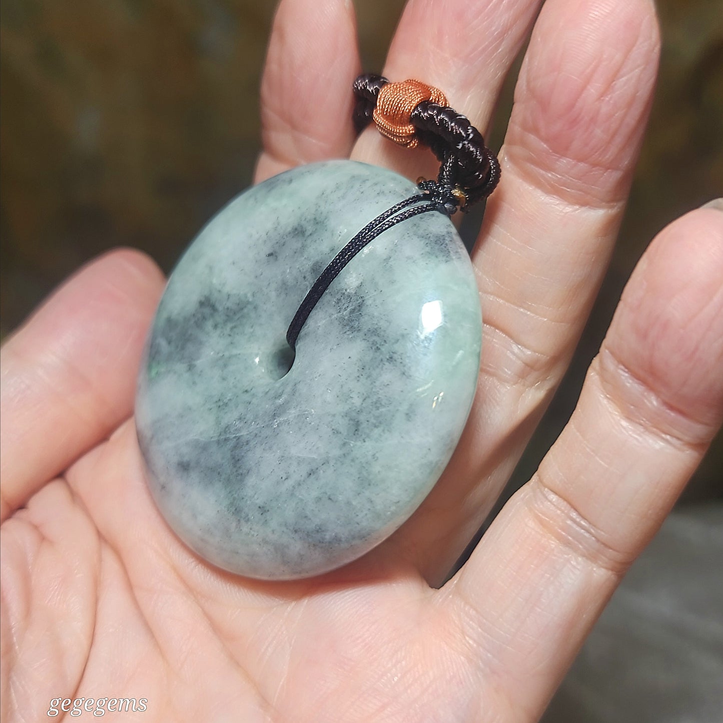 Rare 76 grams Type A Jadeite Burma Jade light blue green black fowl large Donut handheld pendant (with certificate) 罕见翡翠A货浅蓝绿乌鸡大平安扣吊坠手把(带证书)