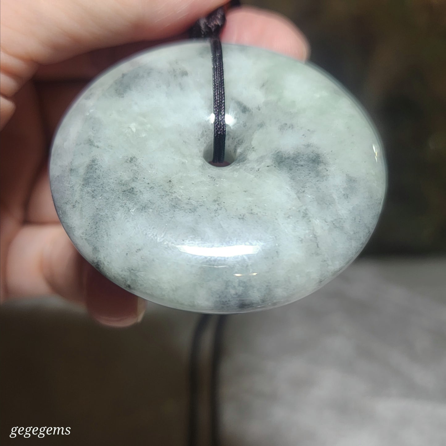 Rare 76 grams Type A Jadeite Burma Jade light blue green black fowl large Donut handheld pendant (with certificate) 罕见翡翠A货浅蓝绿乌鸡大平安扣吊坠手把(带证书)