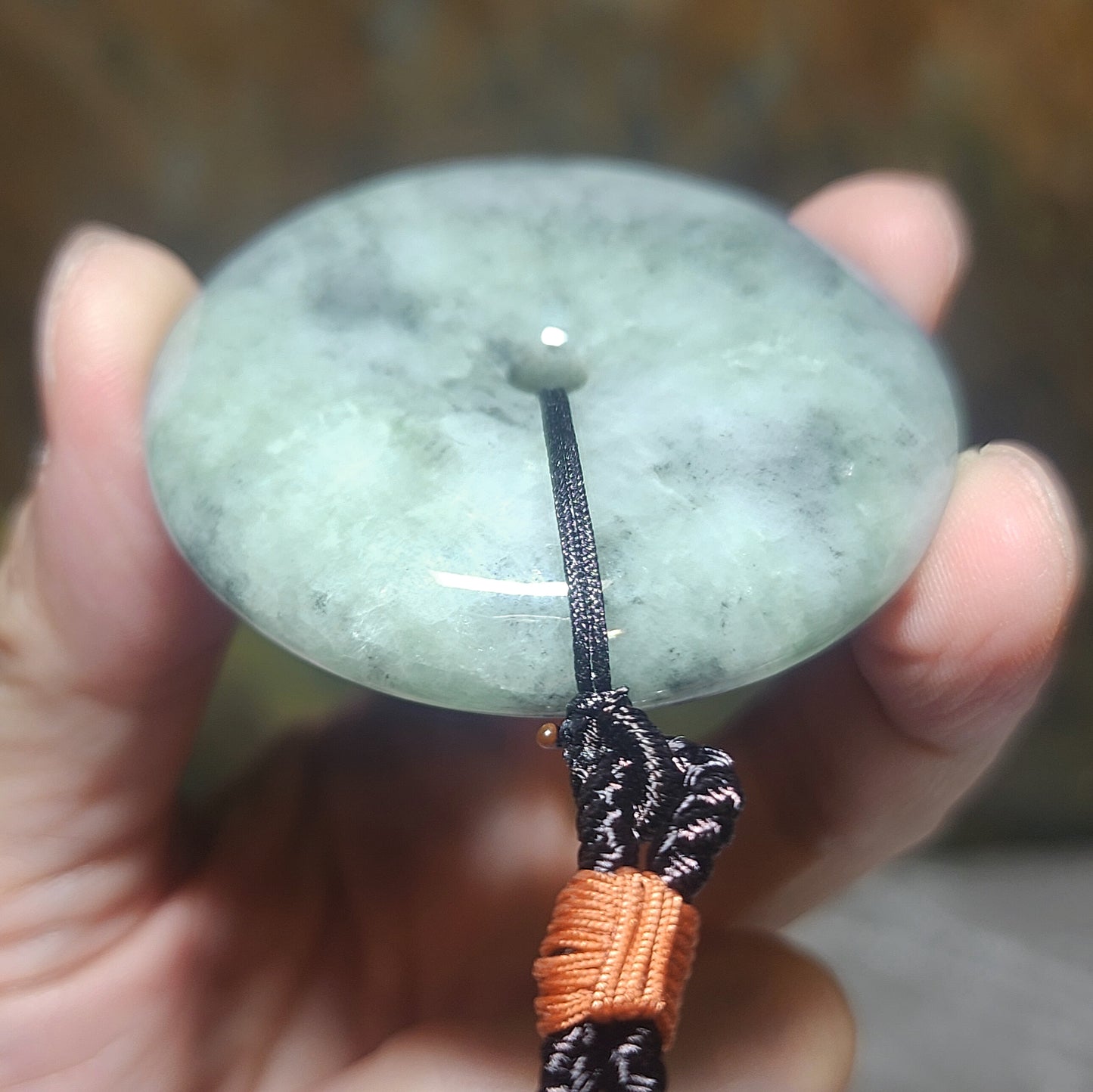 Rare 76 grams Type A Jadeite Burma Jade light blue green black fowl large Donut handheld pendant (with certificate) 罕见翡翠A货浅蓝绿乌鸡大平安扣吊坠手把(带证书)